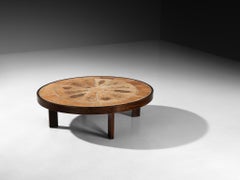 Roger Capron Round Coffee Table with Floral Imprints in Ceramic and Wood