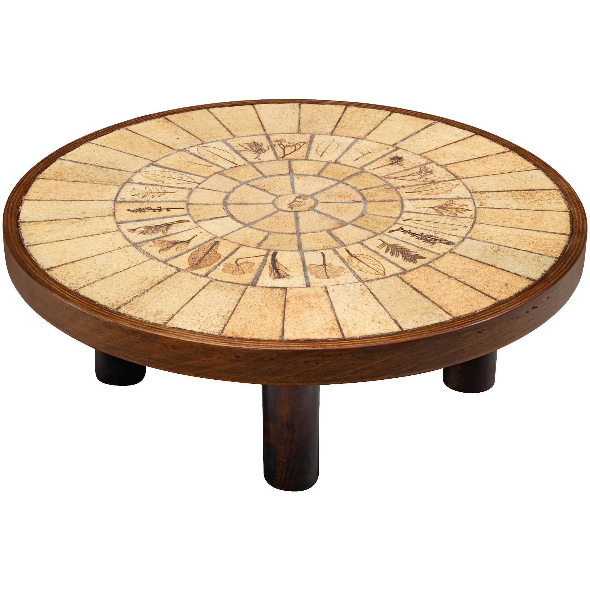 Roger Capron Round Coffee Table with Floral Imprints in Ceramic and Wood For Sale