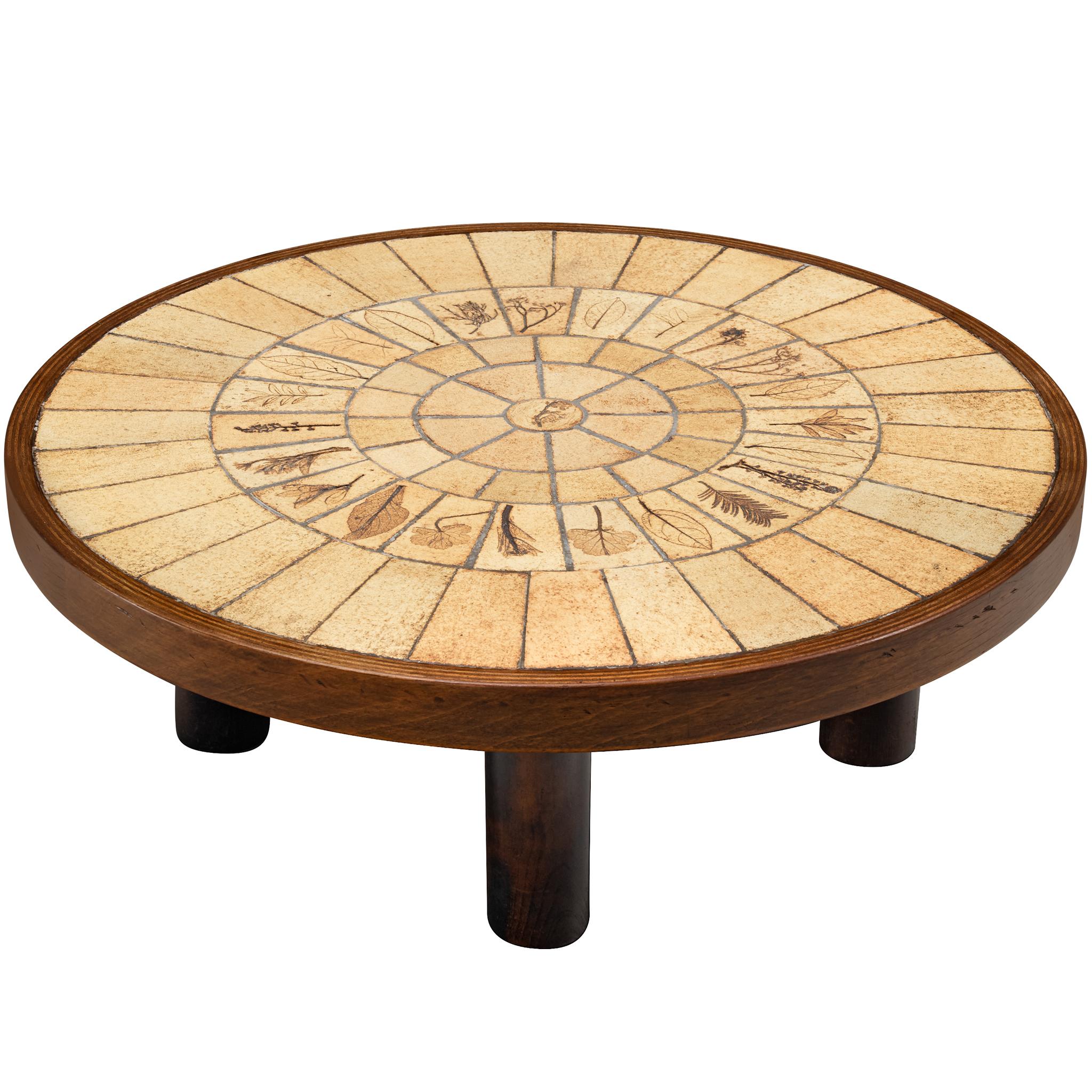 Roger Capron Runder Couchtisch mit Blumenaufdrucken aus Keramik und Wood