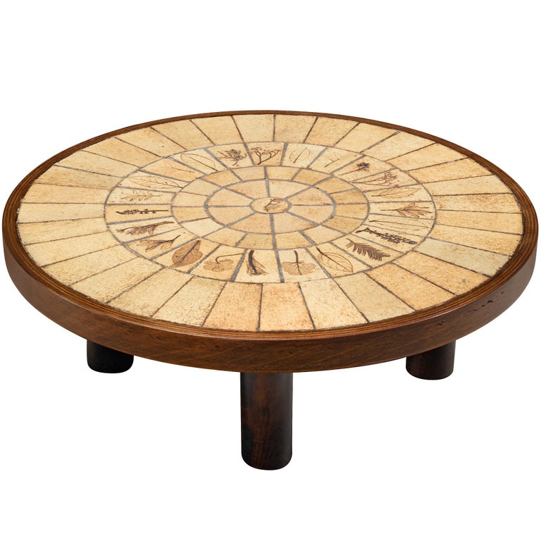 Roger Capron Round Coffee Table with Floral Imprints in Ceramic and Wood