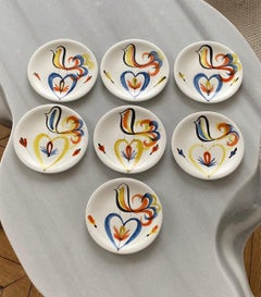 Roger Capron Juego de 7 Platos de Cerámica con Pájaros Estilizados, Vallauris, años 50