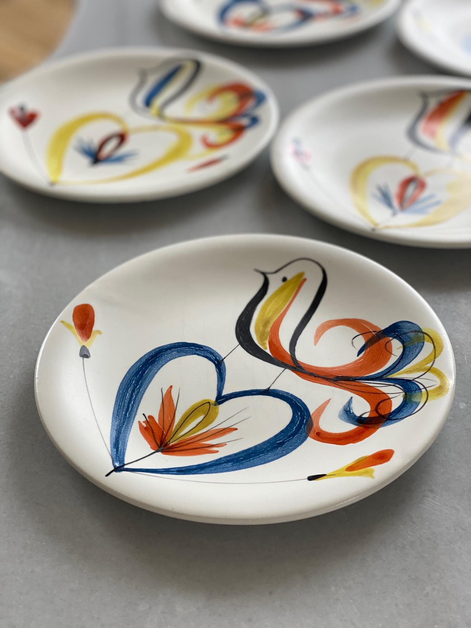 Roger Capron Set of 7 Ceramic Plates with Stylized Birds, Vallauris, 1950s In Good Condition For Sale In Paris, FR