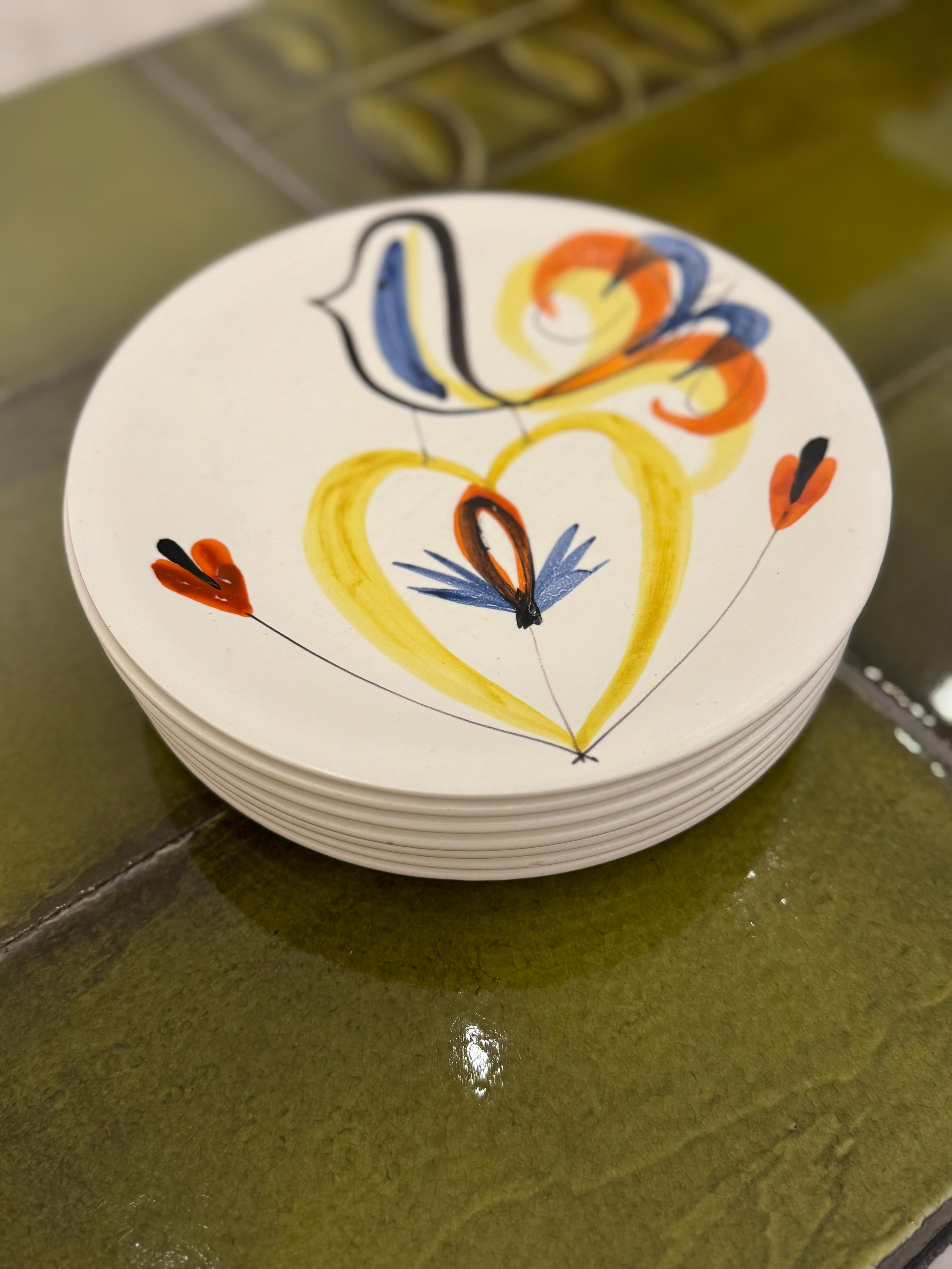 Roger Capron - Ensemble de 7 assiettes en céramique avec oiseaux stylisés, Vallauris, années 1950 en vente 2