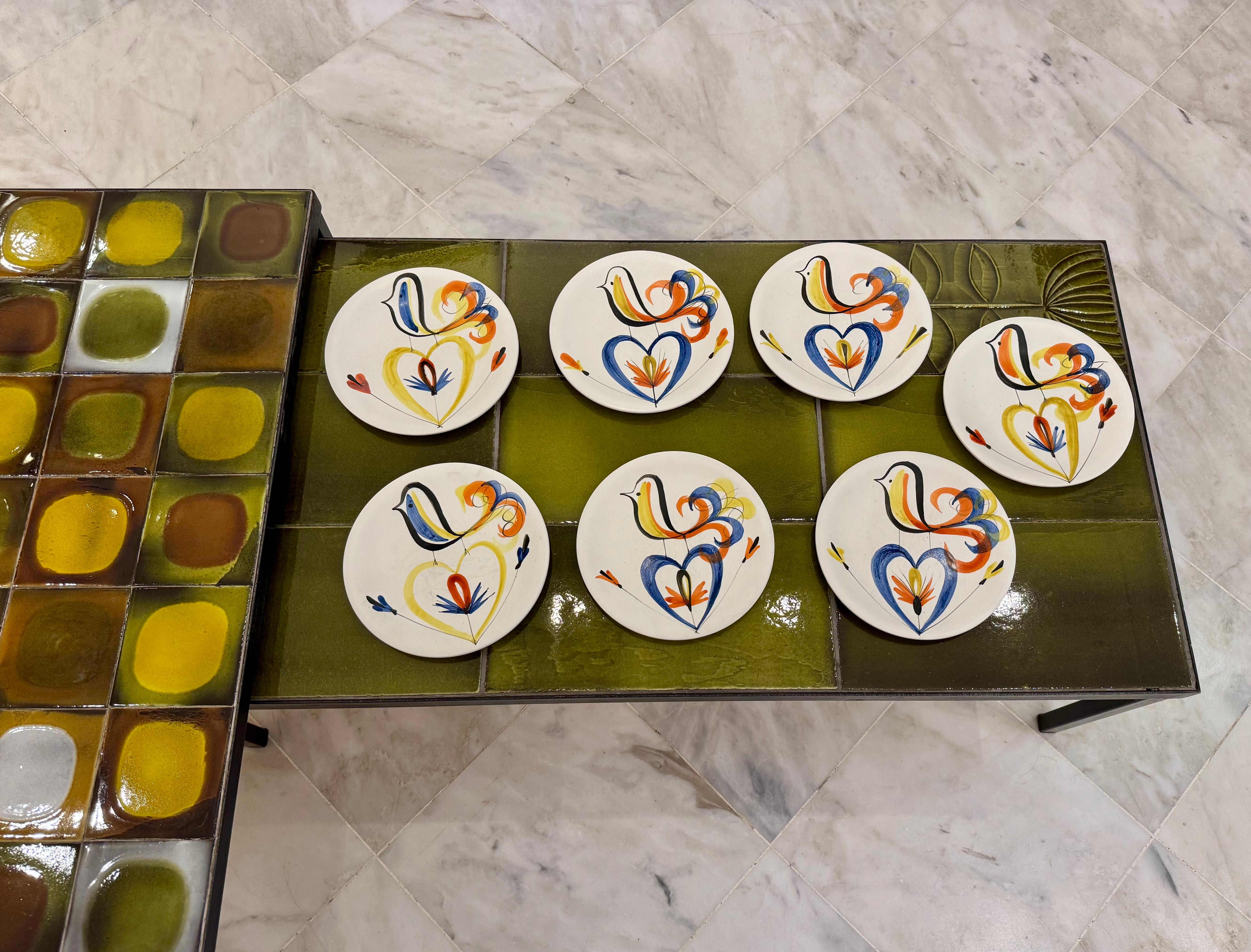 Roger Capron - Ensemble de 7 assiettes en céramique avec oiseaux stylisés, Vallauris, années 1950 en vente 3