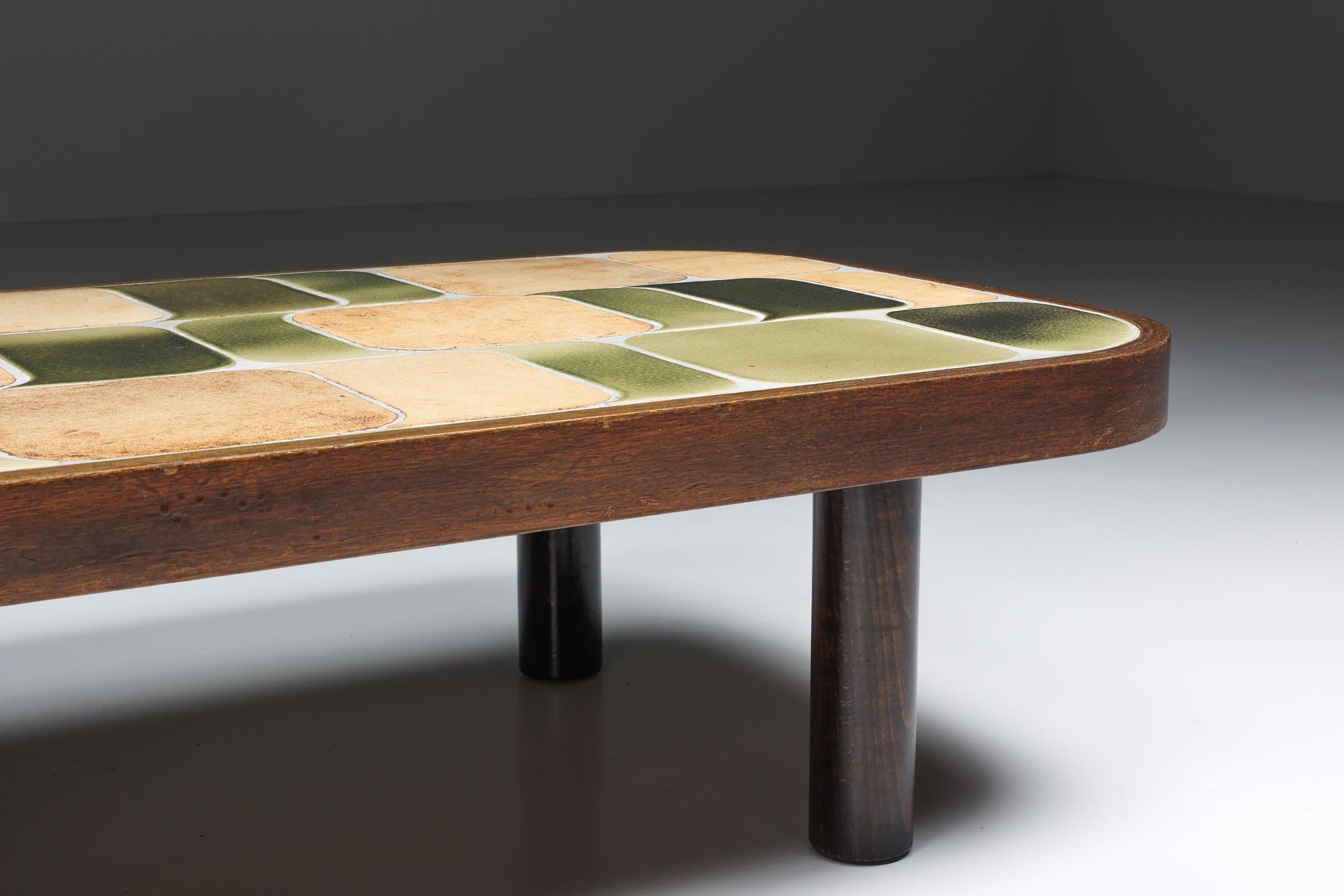 Mid-Century Modern ; France ; Vallarius ; Walnut ; Teak ; Ceramics ; 1 de 11-Roger Capron ; 'Shogun' Coffee Table ; in Ceramic:: the 1960s

Mid-Century Modern ceramic tile top table coffee table by Roger Capron:: France 1960s features his unique