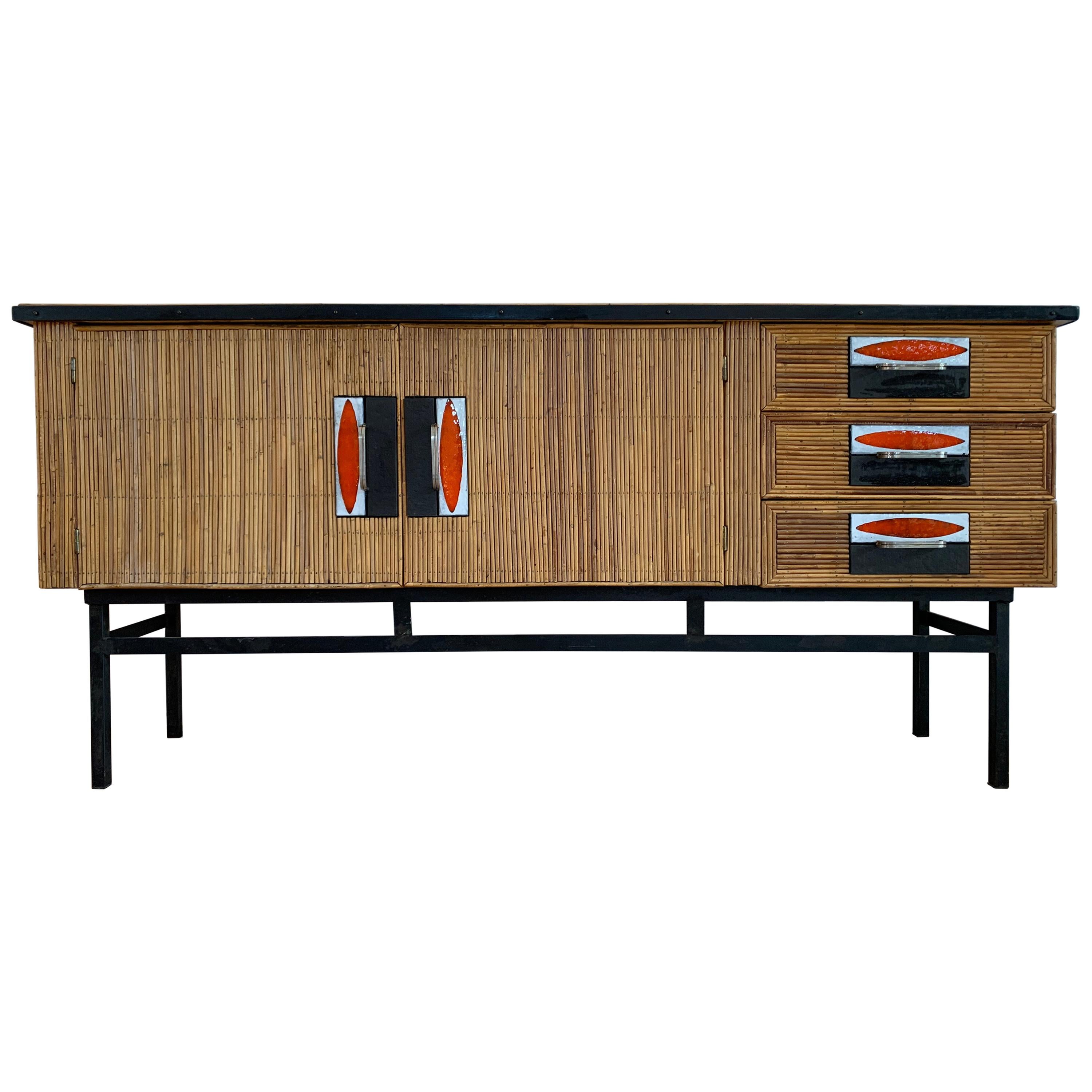 Audoux & Minet with Roger Capron Ceramic Tiles Sideboard in Rattan & metal, 1950