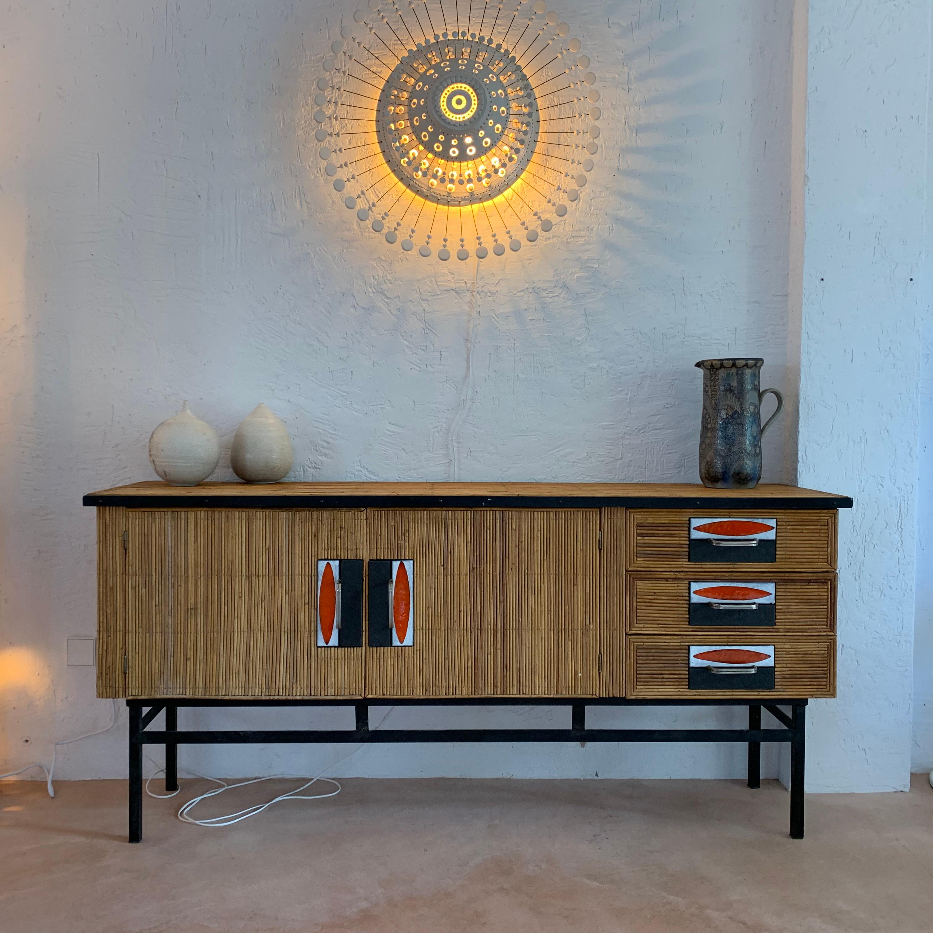 Audoux & Minet with Roger Capron Ceramic Tiles Sideboard in Rattan & metal, 1950 3