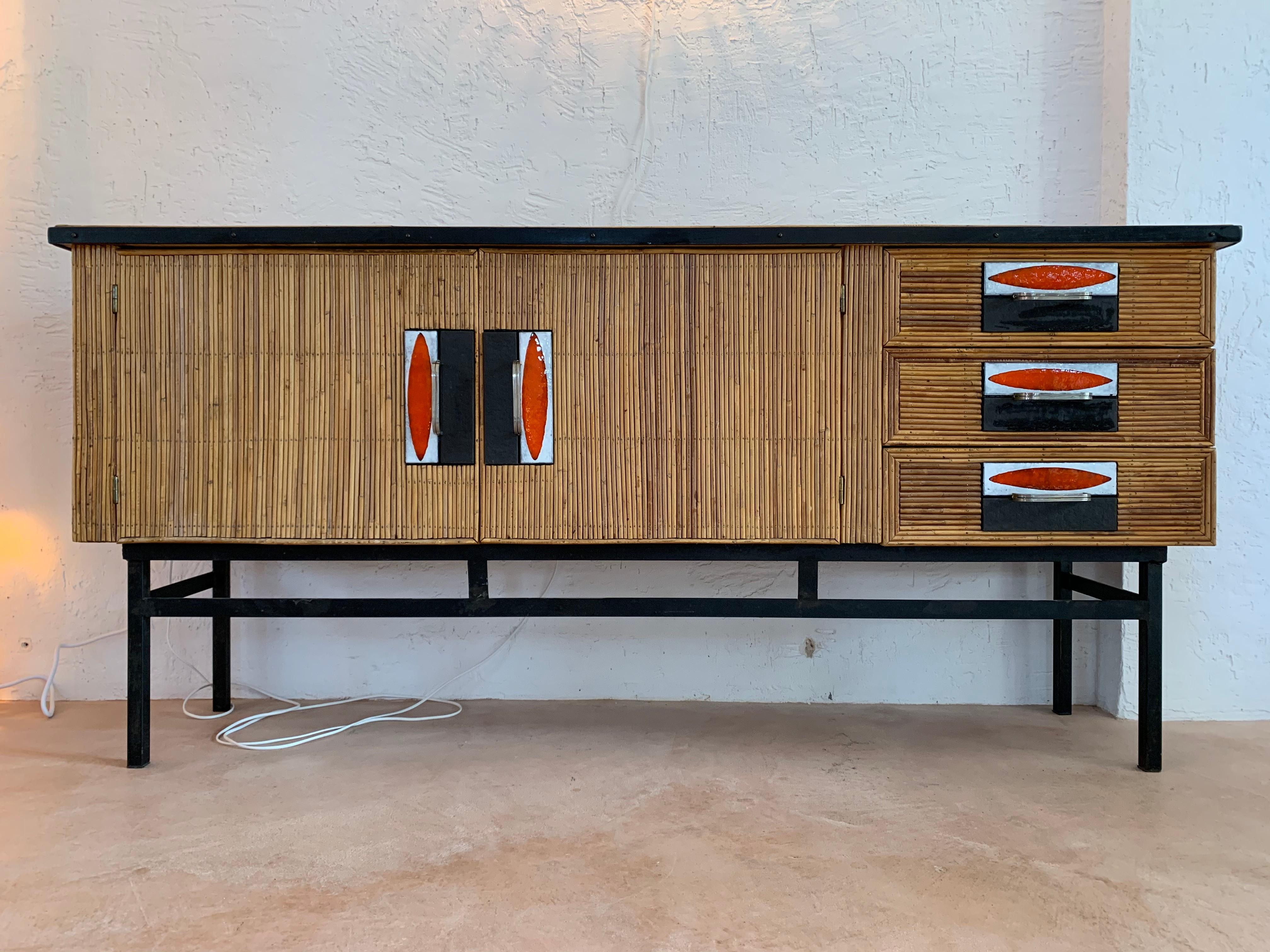 Audoux & Minet with Roger Capron Ceramic Tiles Sideboard in Rattan & metal, 1950 4