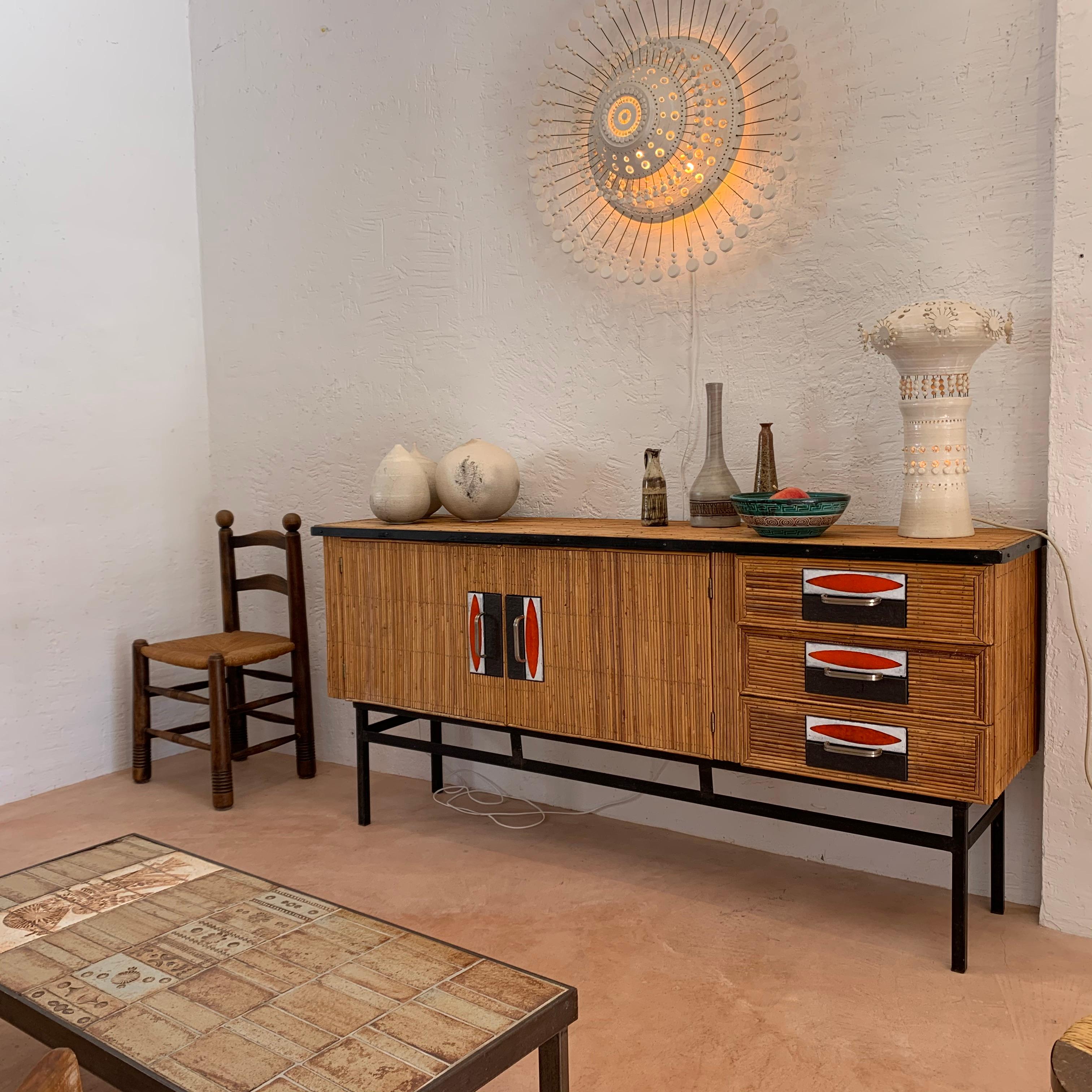 Mid-Century Modern Audoux & Minet with Roger Capron Ceramic Tiles Sideboard in Rattan & metal, 1950