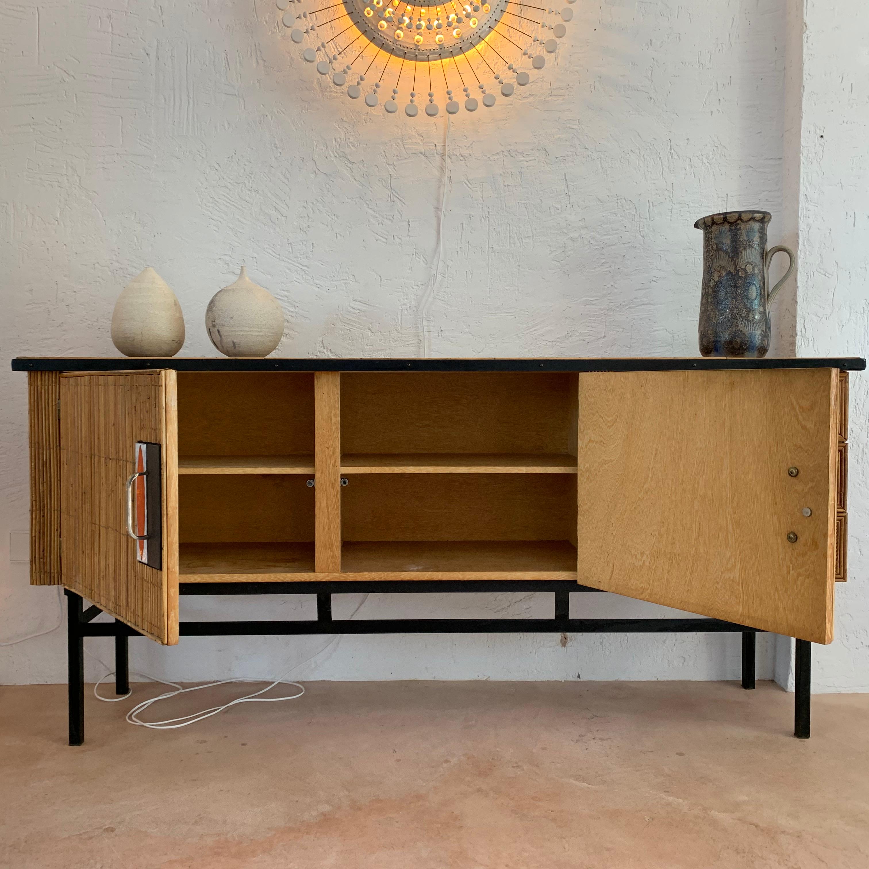 Glazed Audoux & Minet with Roger Capron Ceramic Tiles Sideboard in Rattan & metal, 1950