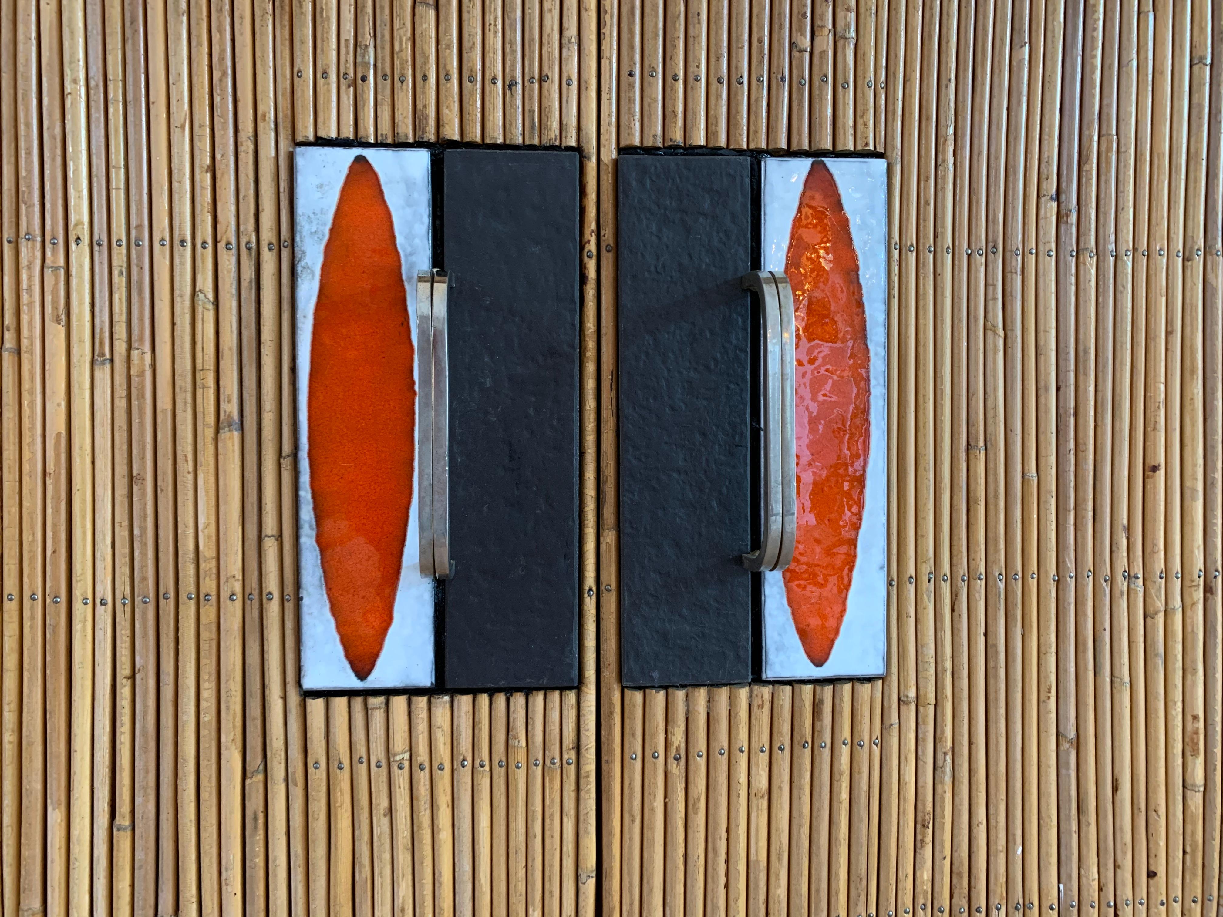 Audoux & Minet with Roger Capron Ceramic Tiles Sideboard in Rattan & metal, 1950 1