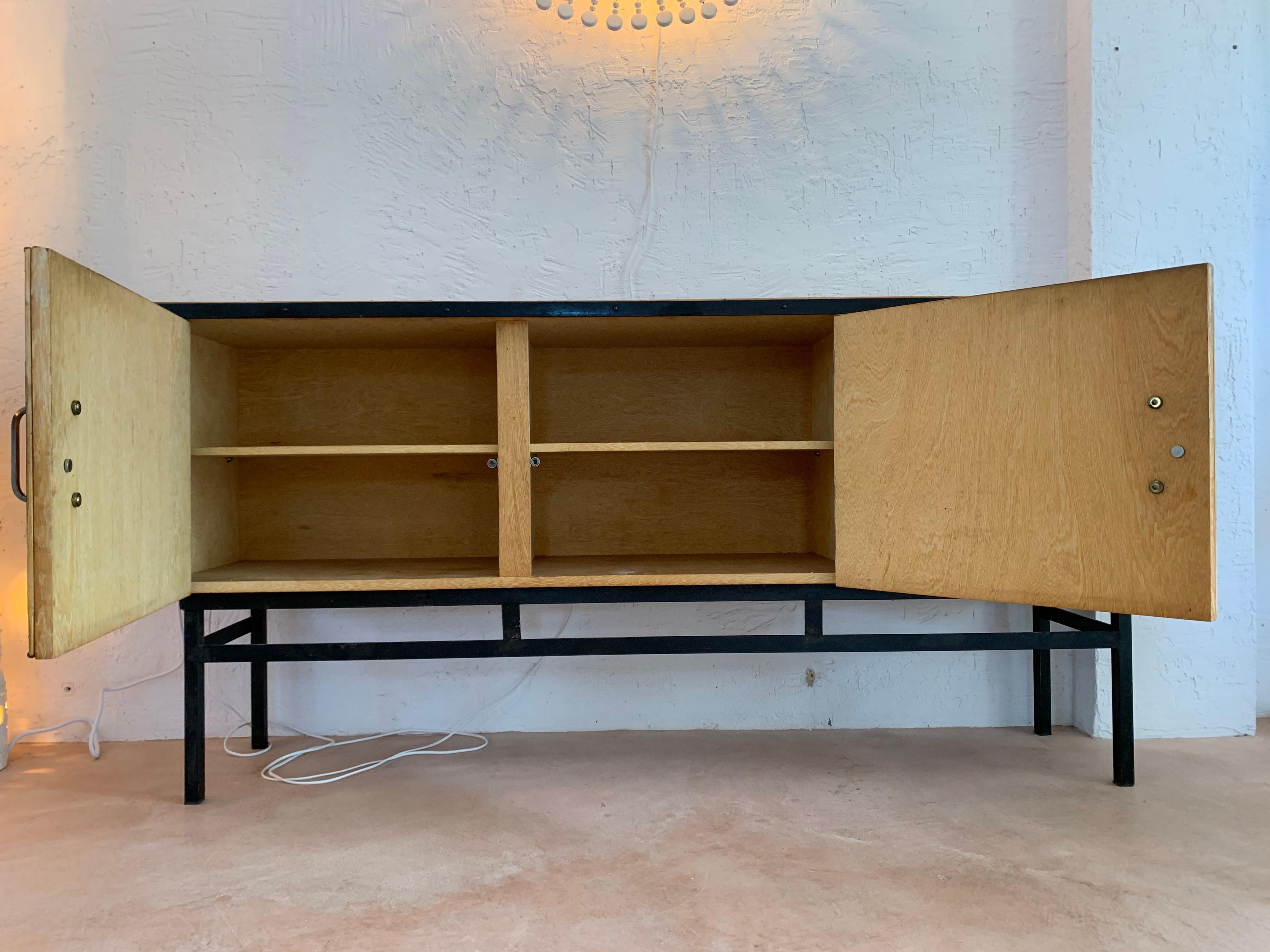 Audoux & Minet with Roger Capron Ceramic Tiles Sideboard in Rattan & metal, 1950 2