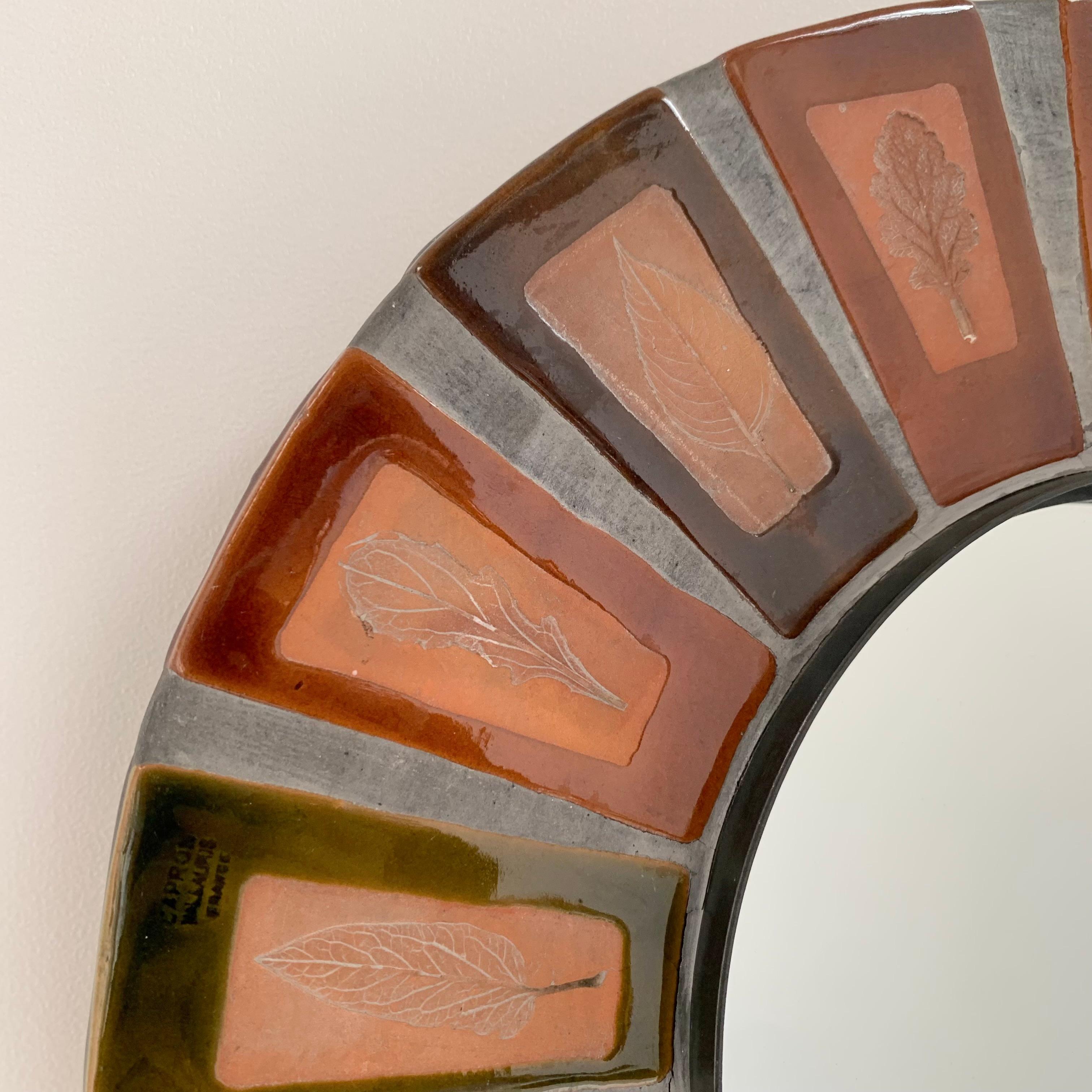Roger Capron Signed Ceramic Round Mirror, circa 1970, Vallauris, France. For Sale 3