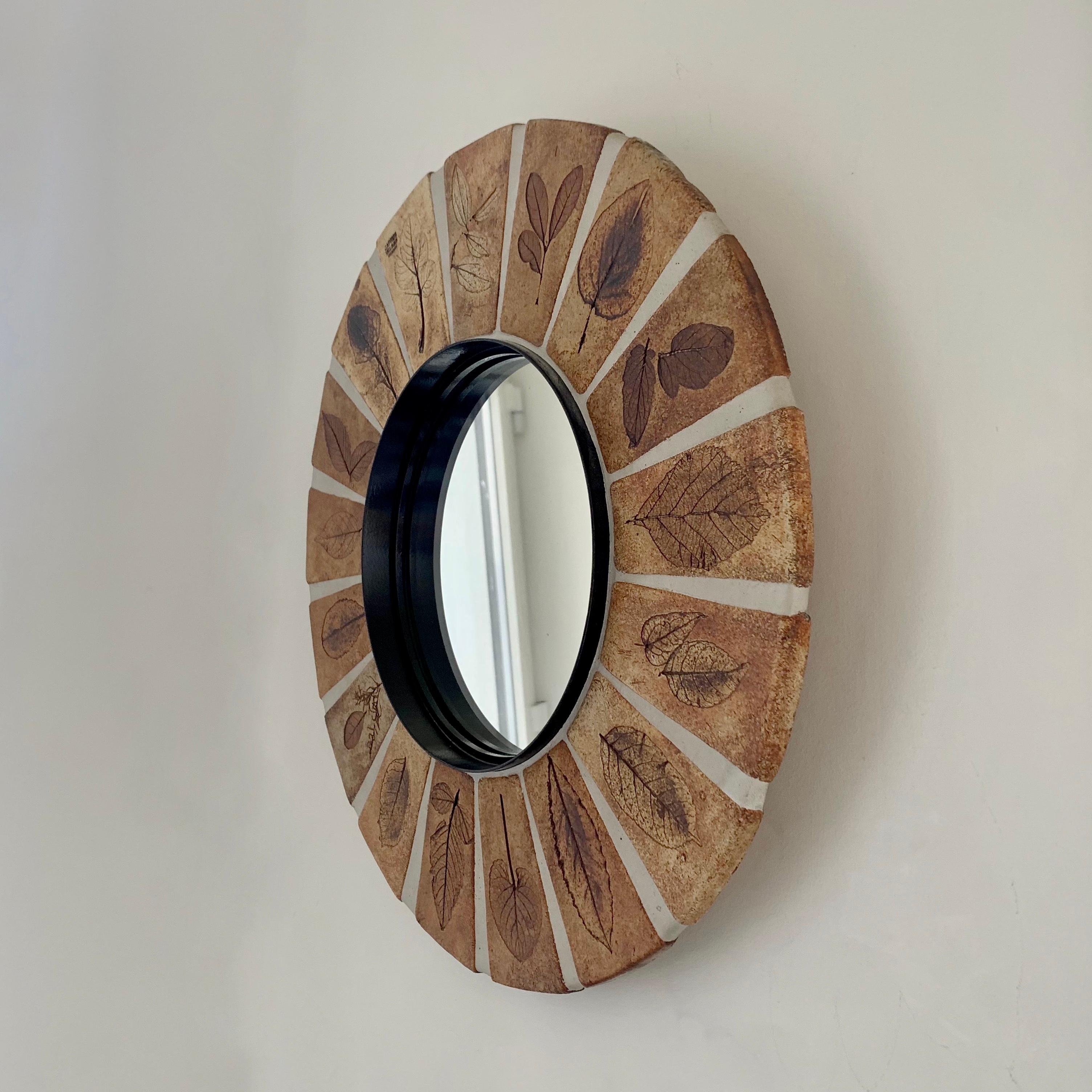 French Roger Capron Signed Ceramic Round Mirror, circa 1970, Vallauris, France.