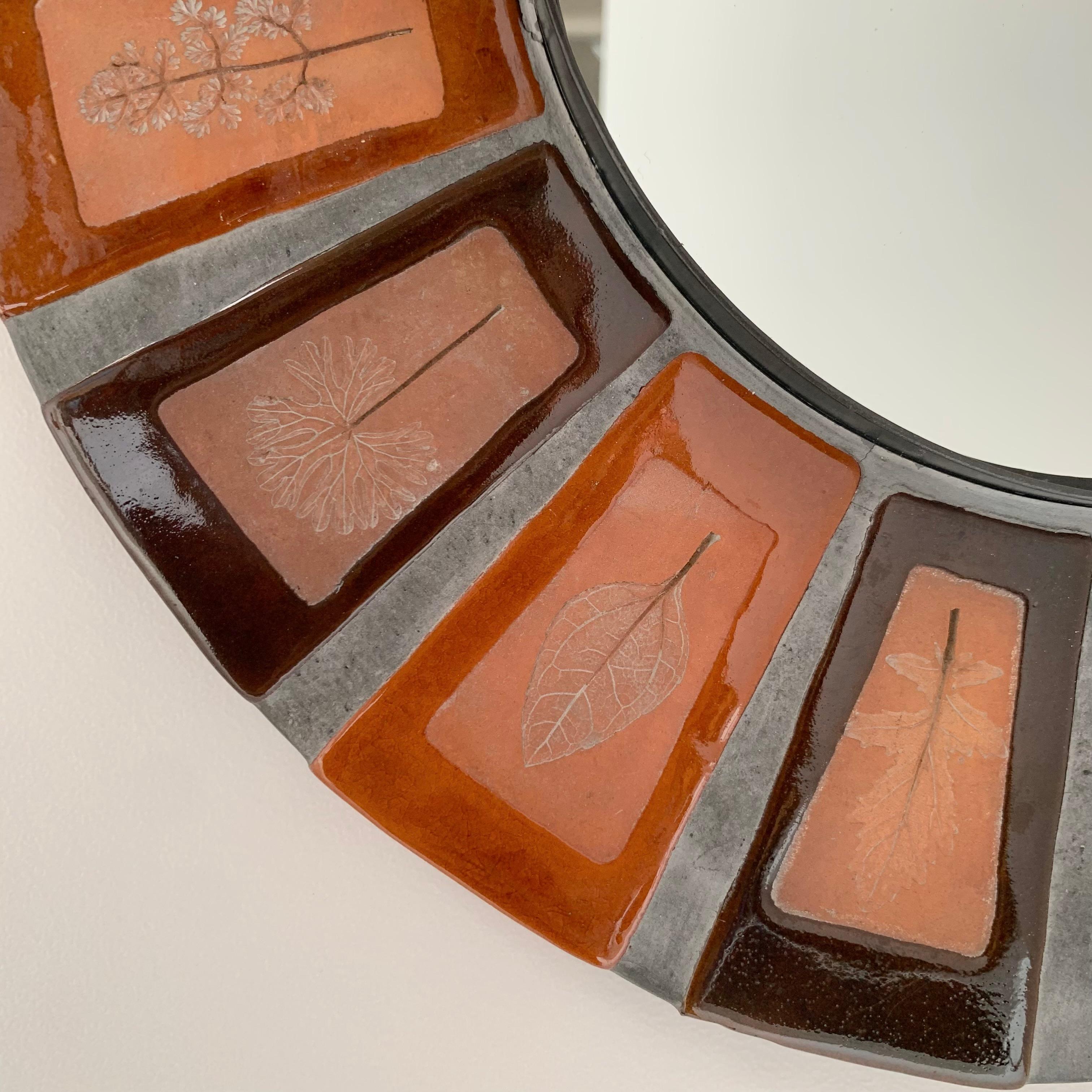 French Roger Capron Signed Ceramic Round Mirror, circa 1970, Vallauris, France. For Sale