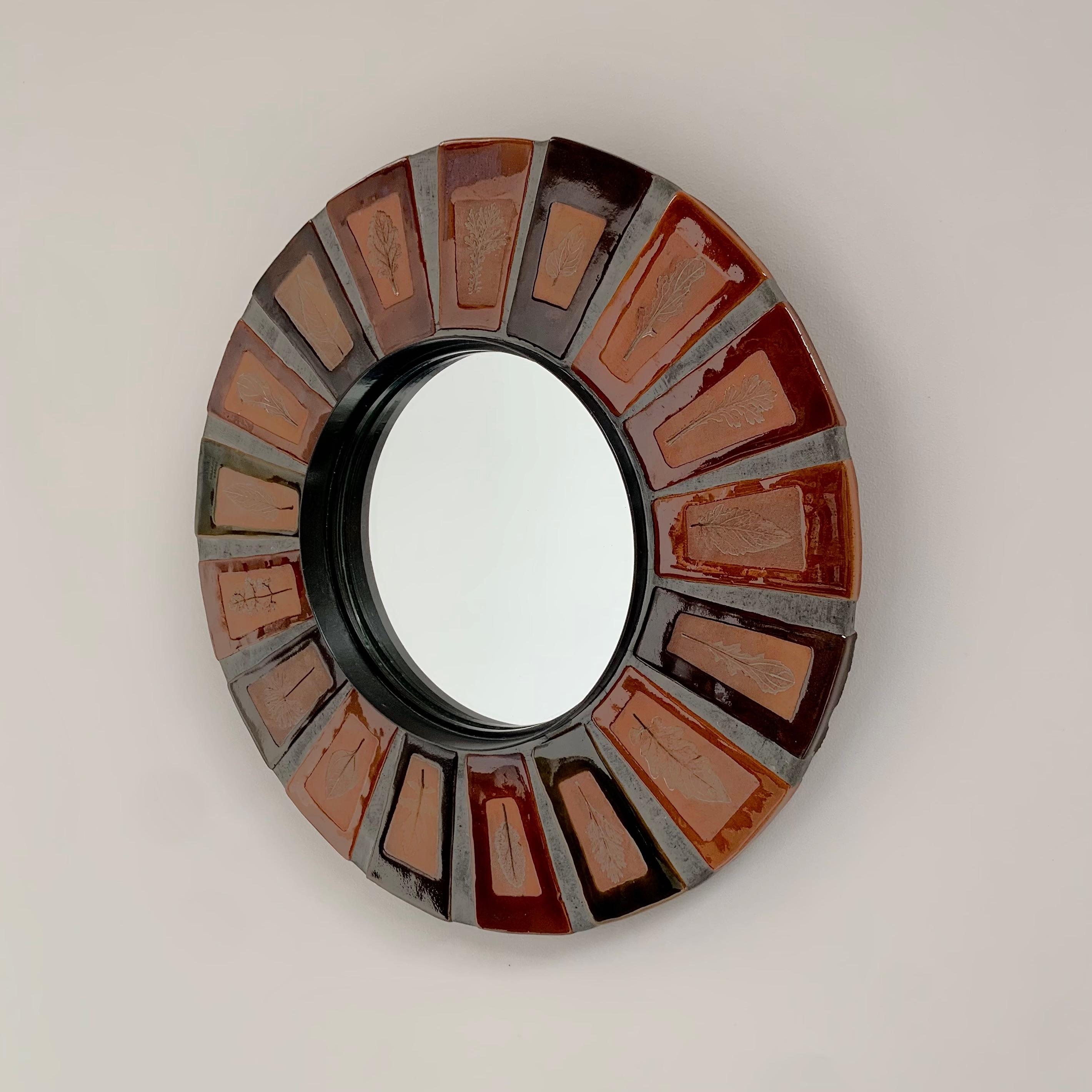 Enameled Roger Capron Signed Ceramic Round Mirror, circa 1970, Vallauris, France. For Sale