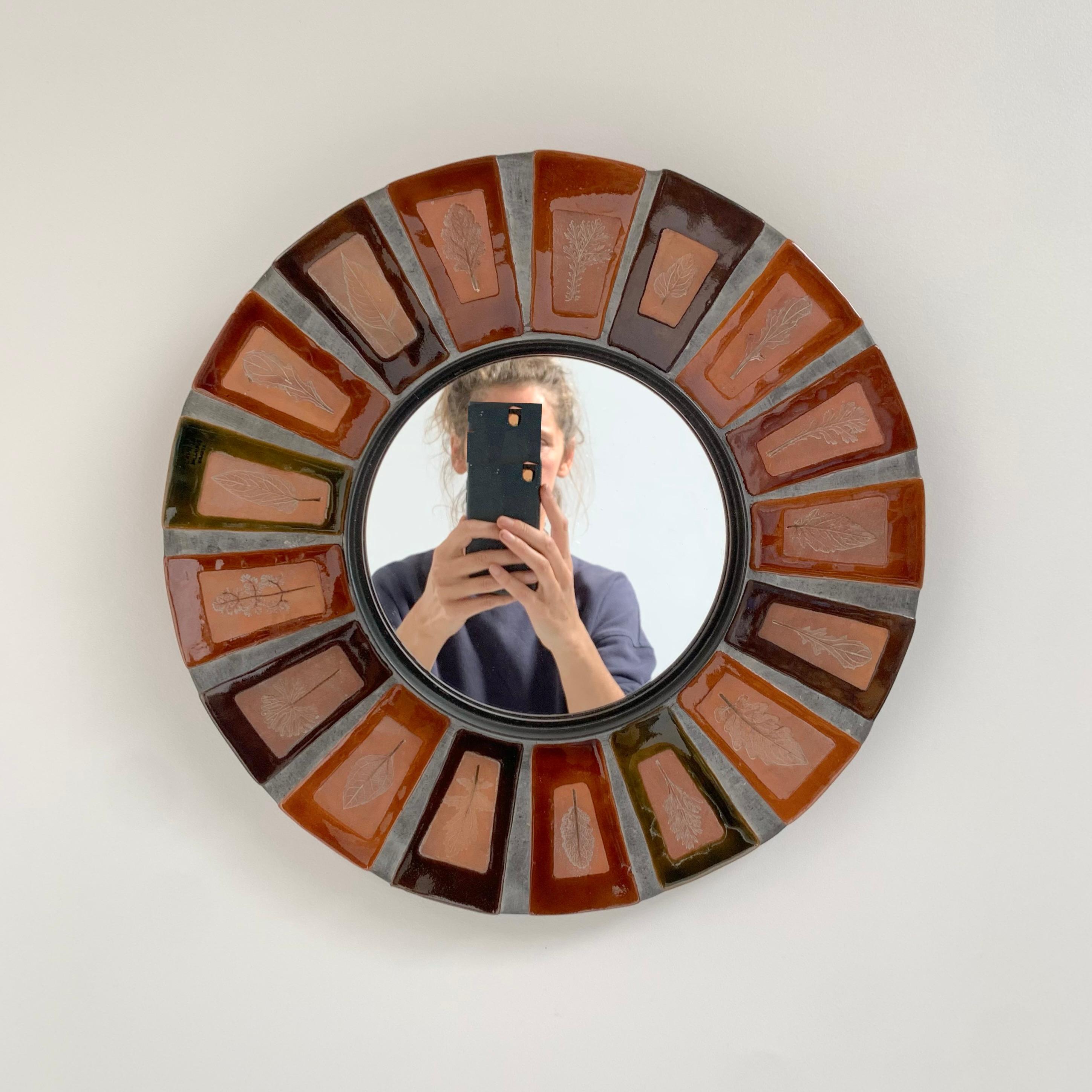 Late 20th Century Roger Capron Signed Ceramic Round Mirror, circa 1970, Vallauris, France. For Sale