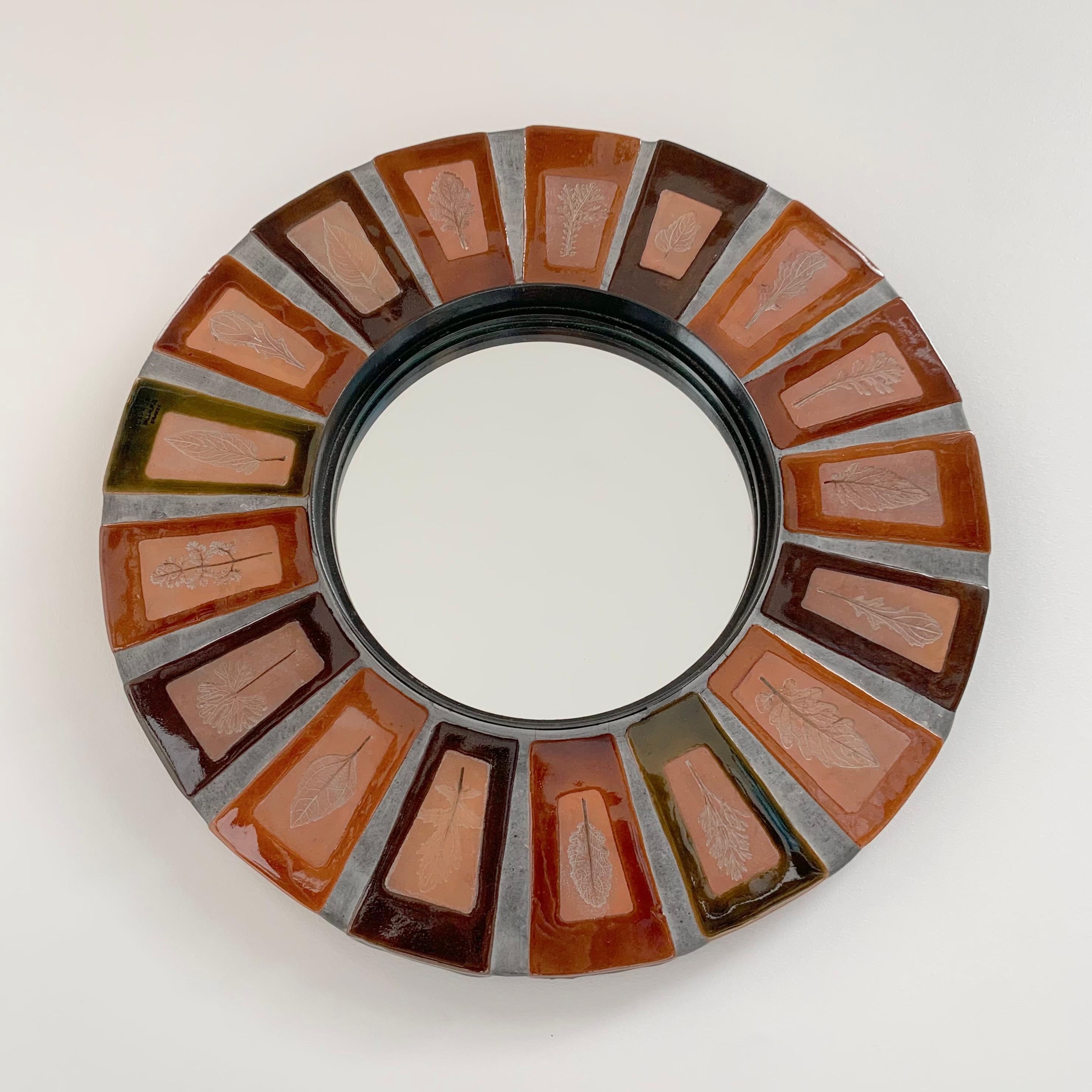 Roger Capron Signed Ceramic Round Mirror, circa 1970, Vallauris, France. For Sale 2
