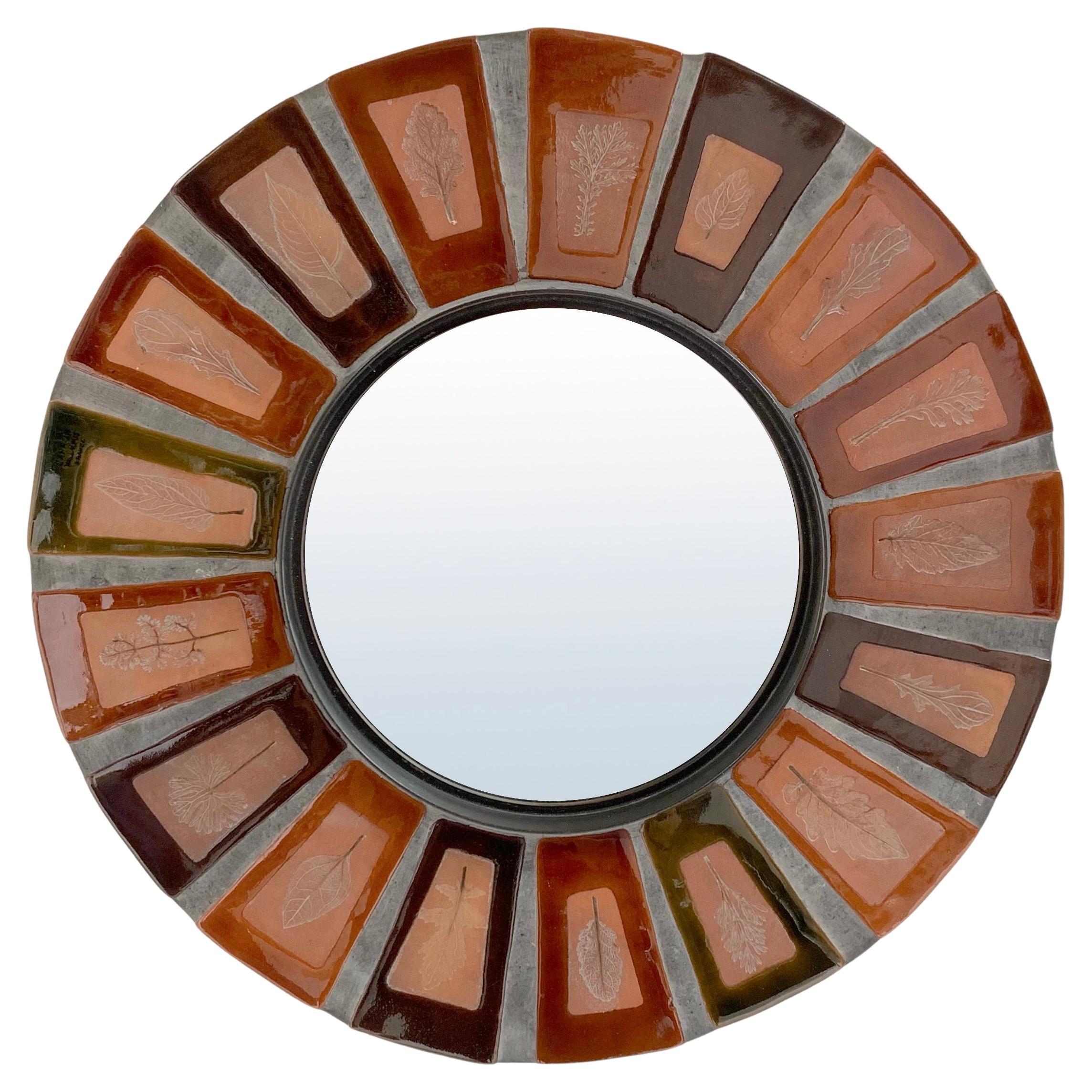 Roger Capron Signed Ceramic Round Mirror, circa 1970, Vallauris, France. For Sale