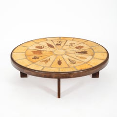 Roger Capron Signed Ceramic Tile Coffee Table with Botanical Motifs, France