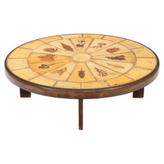 Roger Capron Signed Ceramic Tile Coffee Table with Botanical Motifs, France