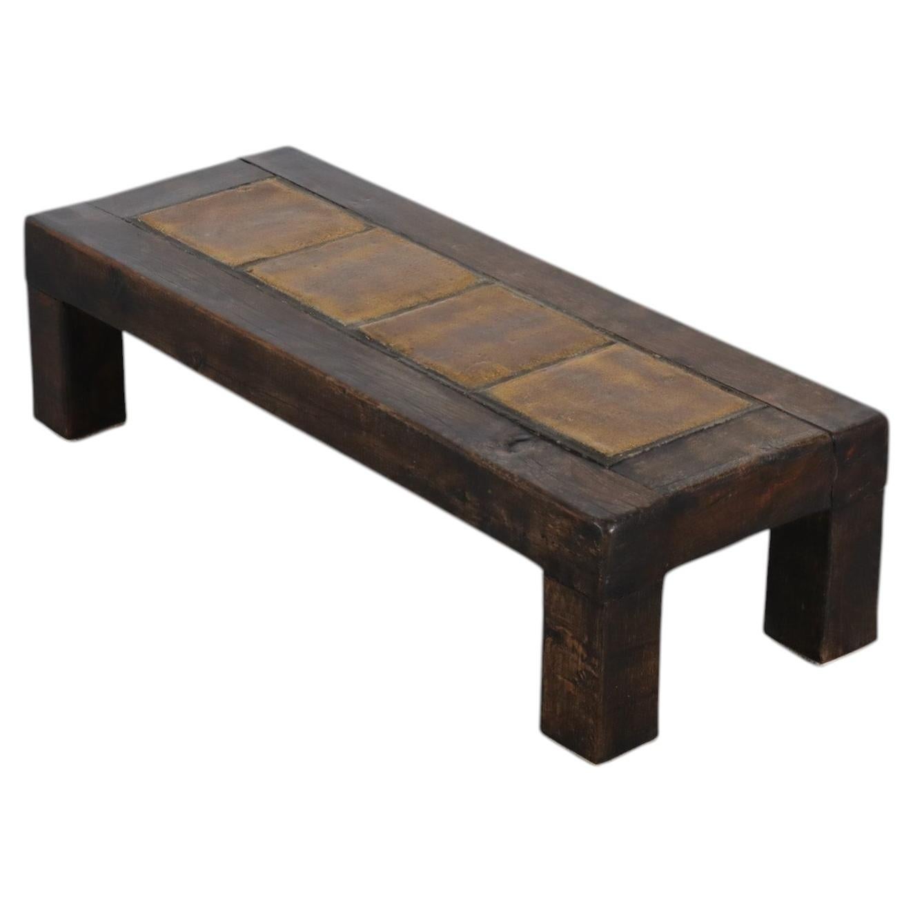 Roger Capron Style Brutalist Oak and Ceramic Tile Table, Dutch, 1970s