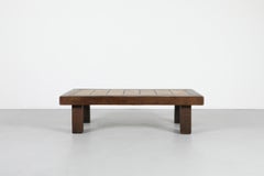 Roger Capron Style Brutalist Oak and Terracotta Tile Coffee Table, 1960s