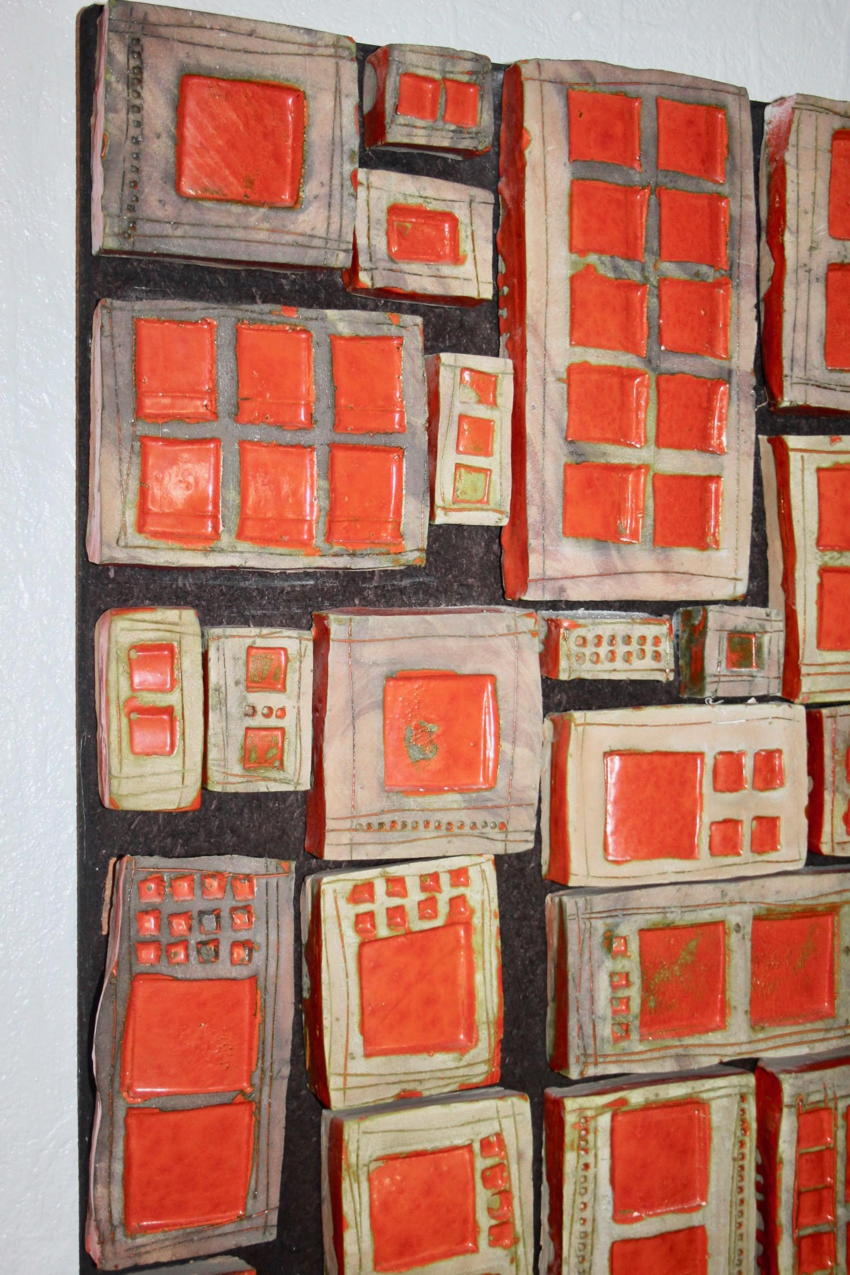 Ceramic Roger Capron style ceramic block wall panel glued to wood For Sale