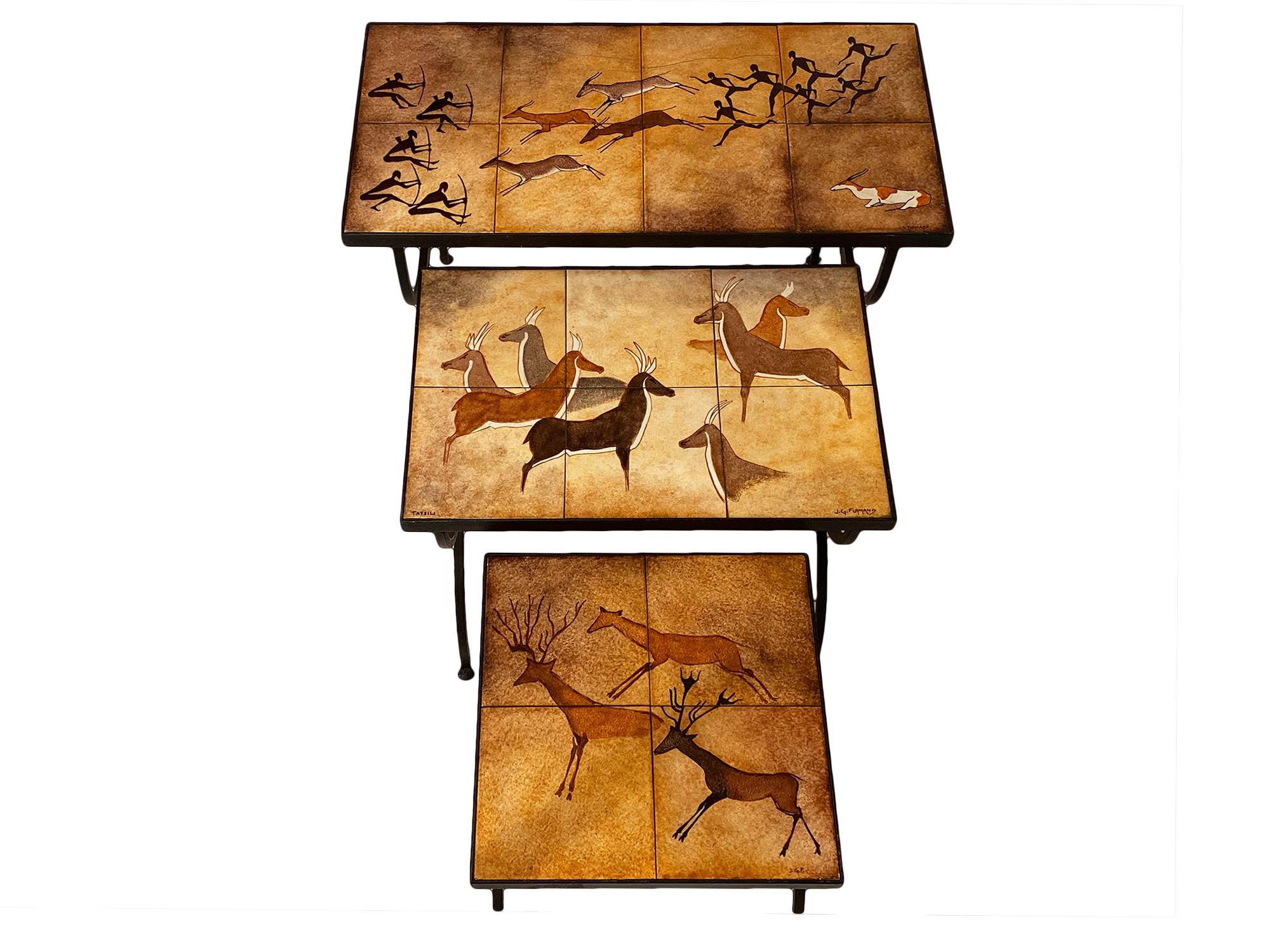 Mid-Century Modern French Nesting Tables with Terracotta Tiles 