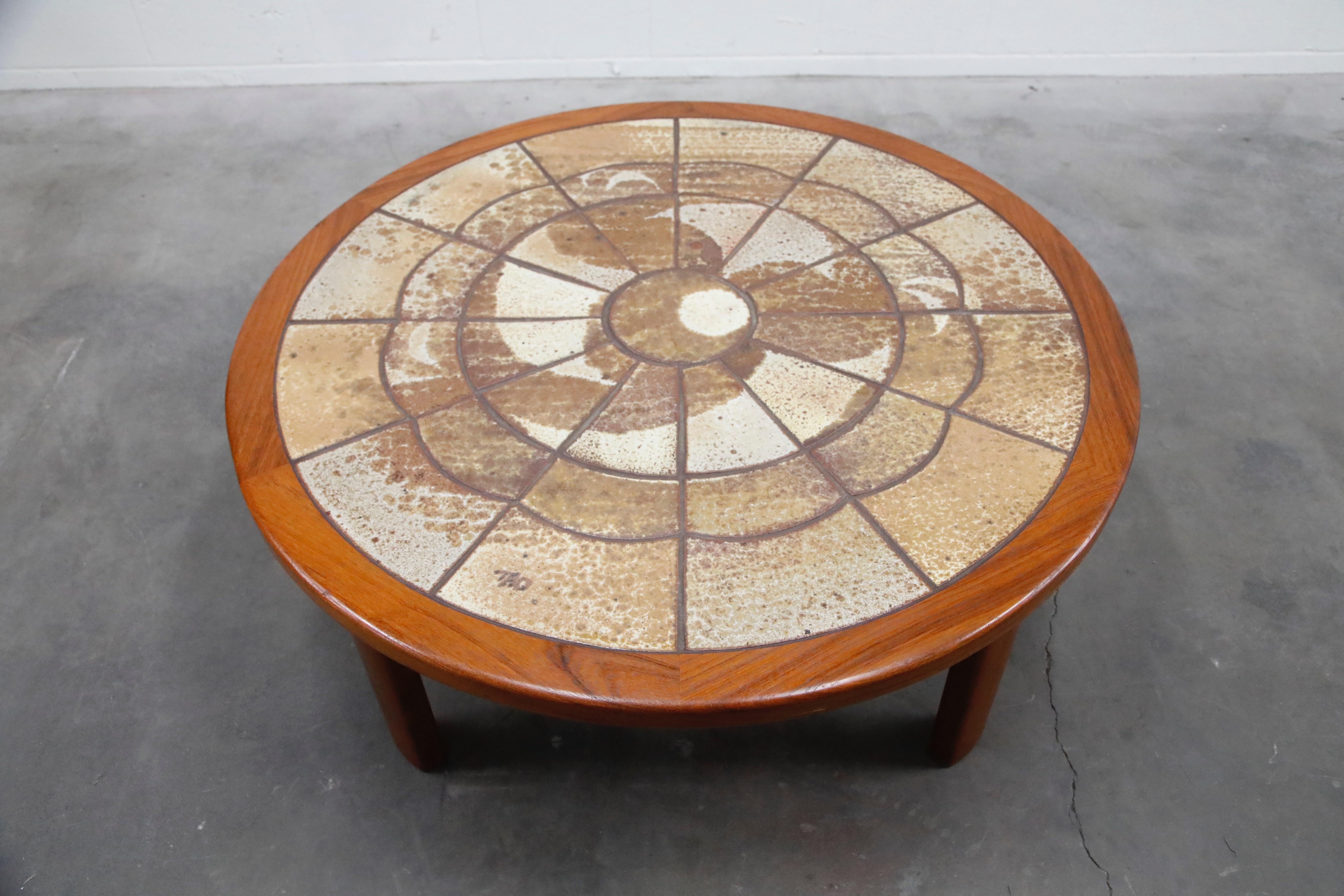 Roger Capron Style Round Teak Coffee Table with 1960s Ceramic Tile, Signed 1