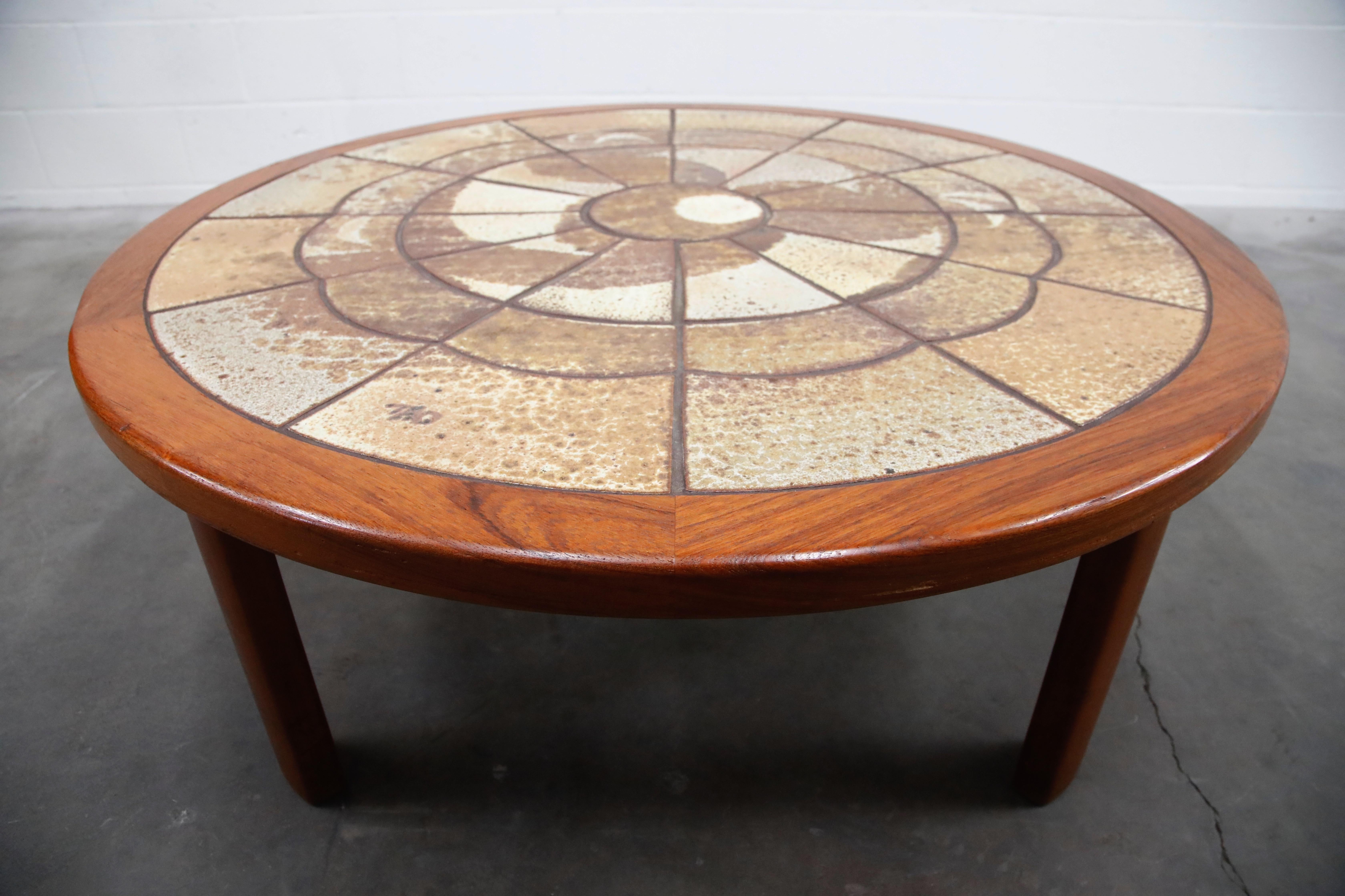 Roger Capron Style Round Teak Coffee Table with 1960s Ceramic Tile, Signed 2