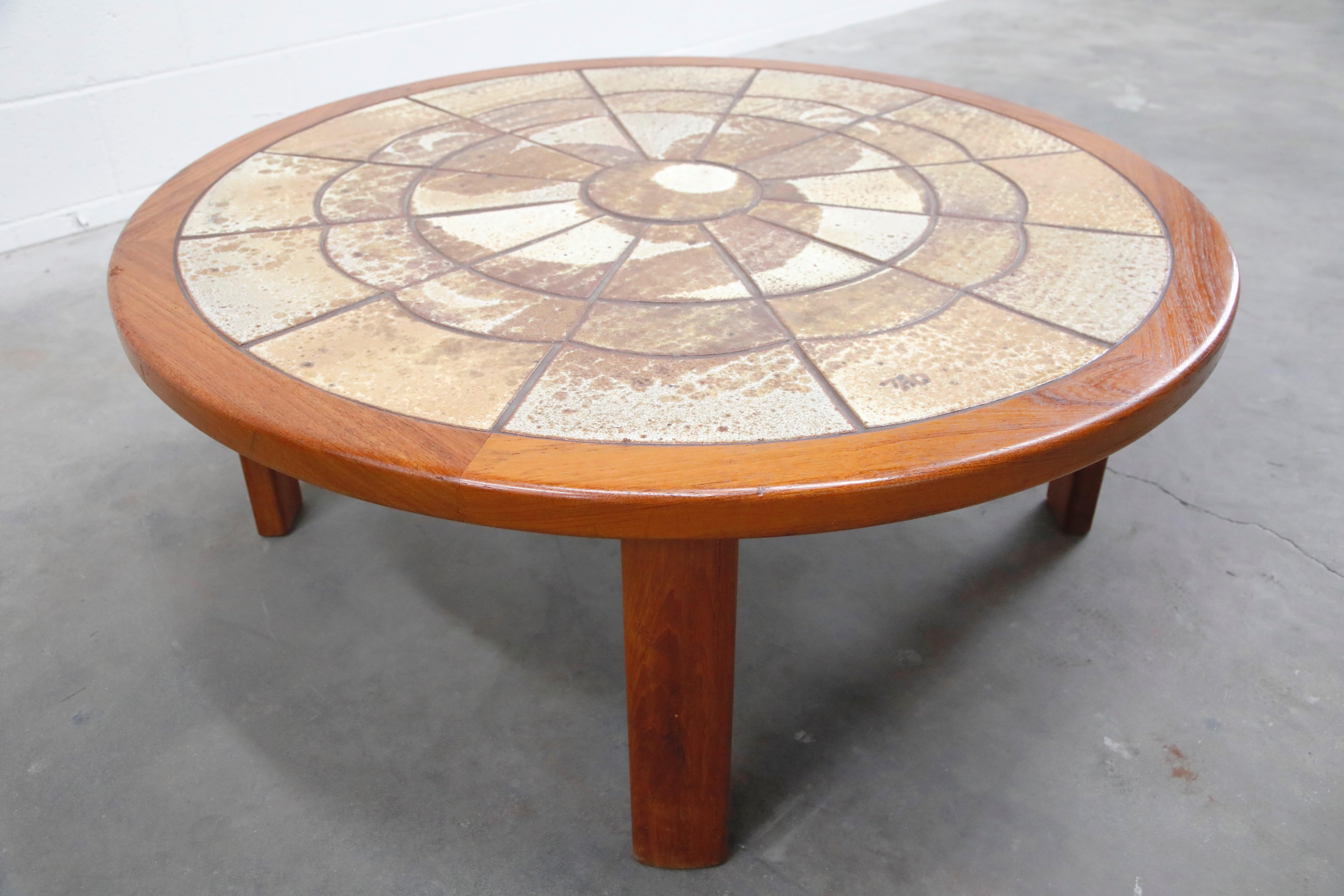 Roger Capron Style Round Teak Coffee Table with 1960s Ceramic Tile, Signed 3