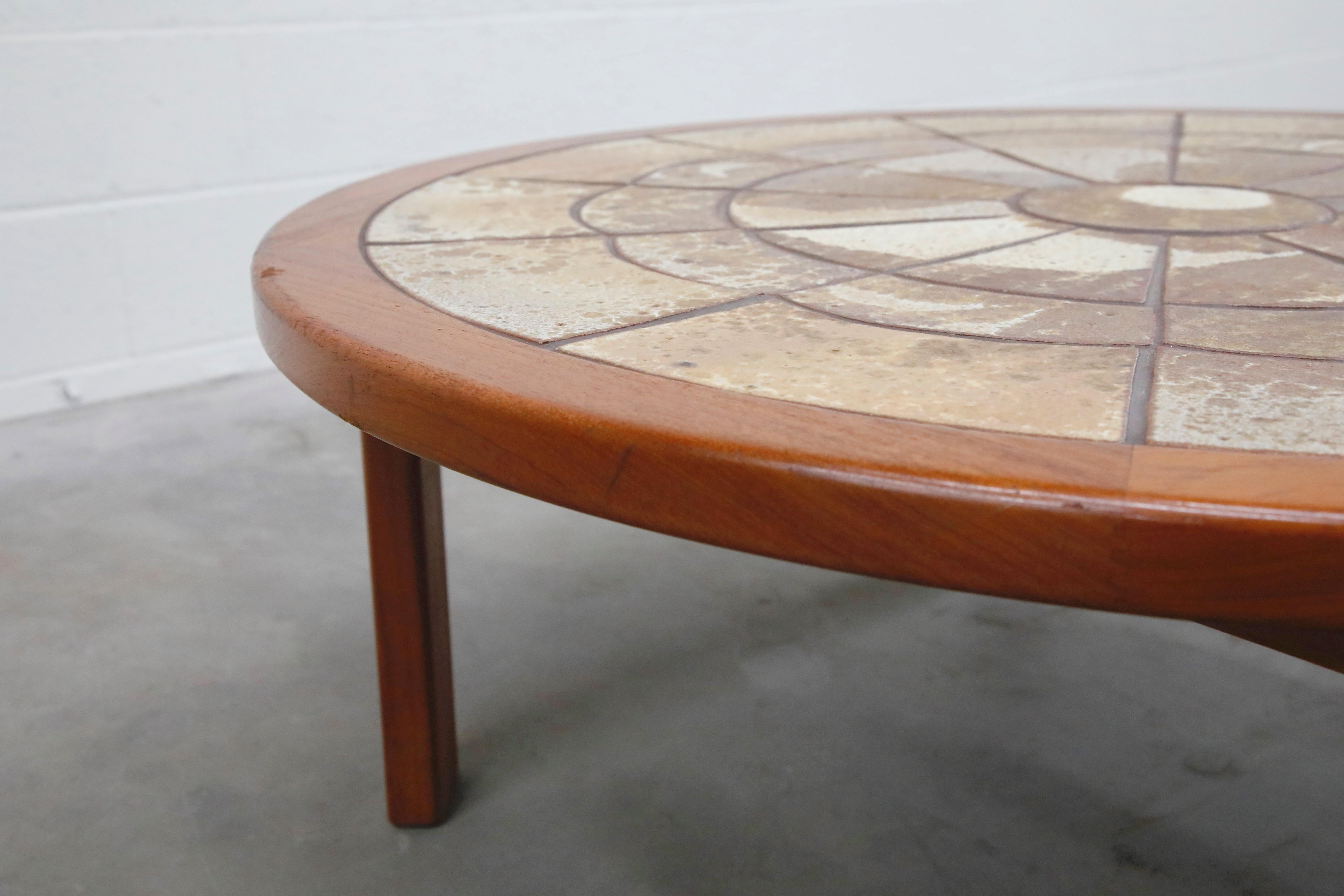 Roger Capron Style Round Teak Coffee Table with 1960s Ceramic Tile, Signed 4