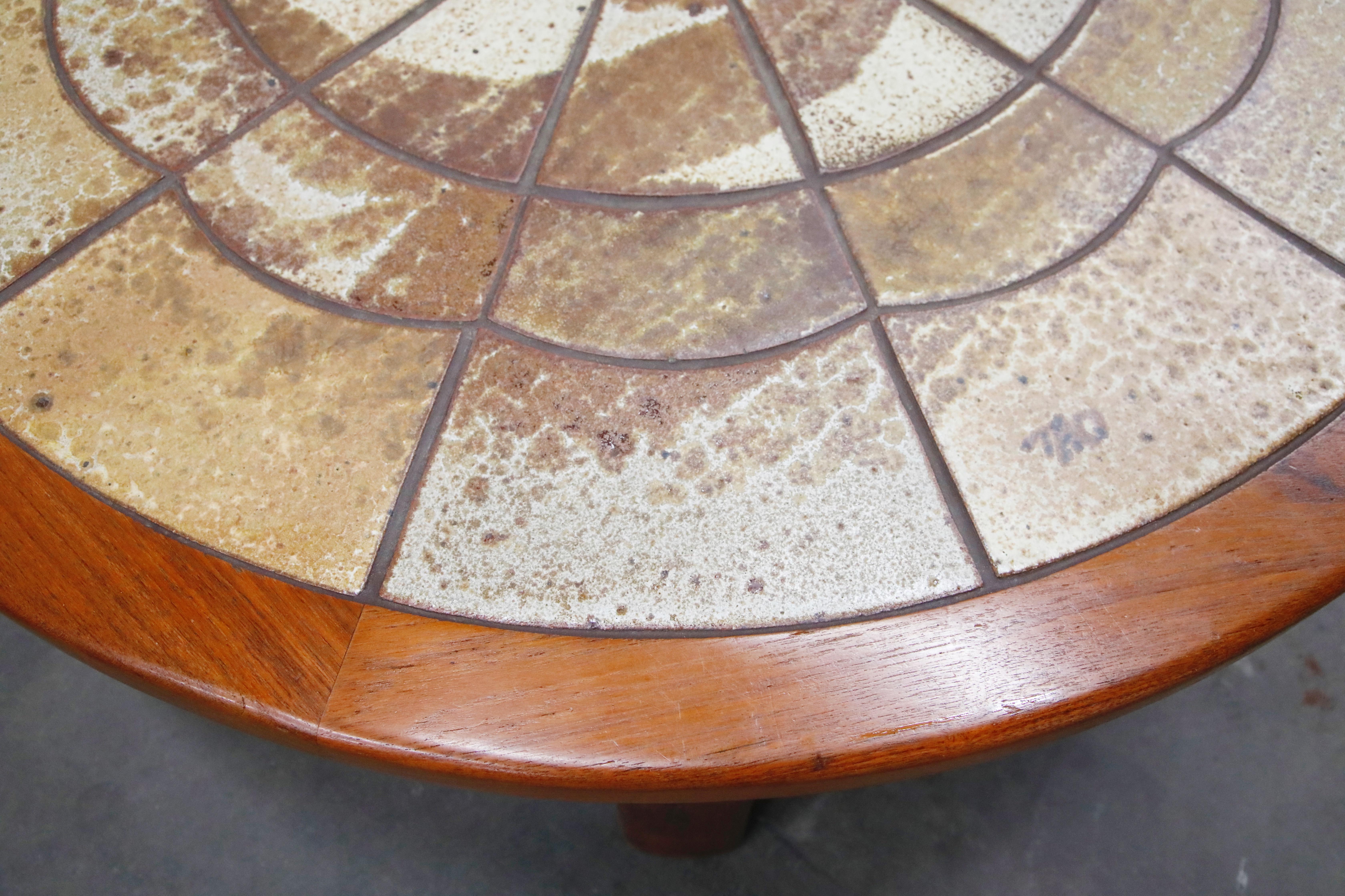 Roger Capron Style Round Teak Coffee Table with 1960s Ceramic Tile, Signed 5