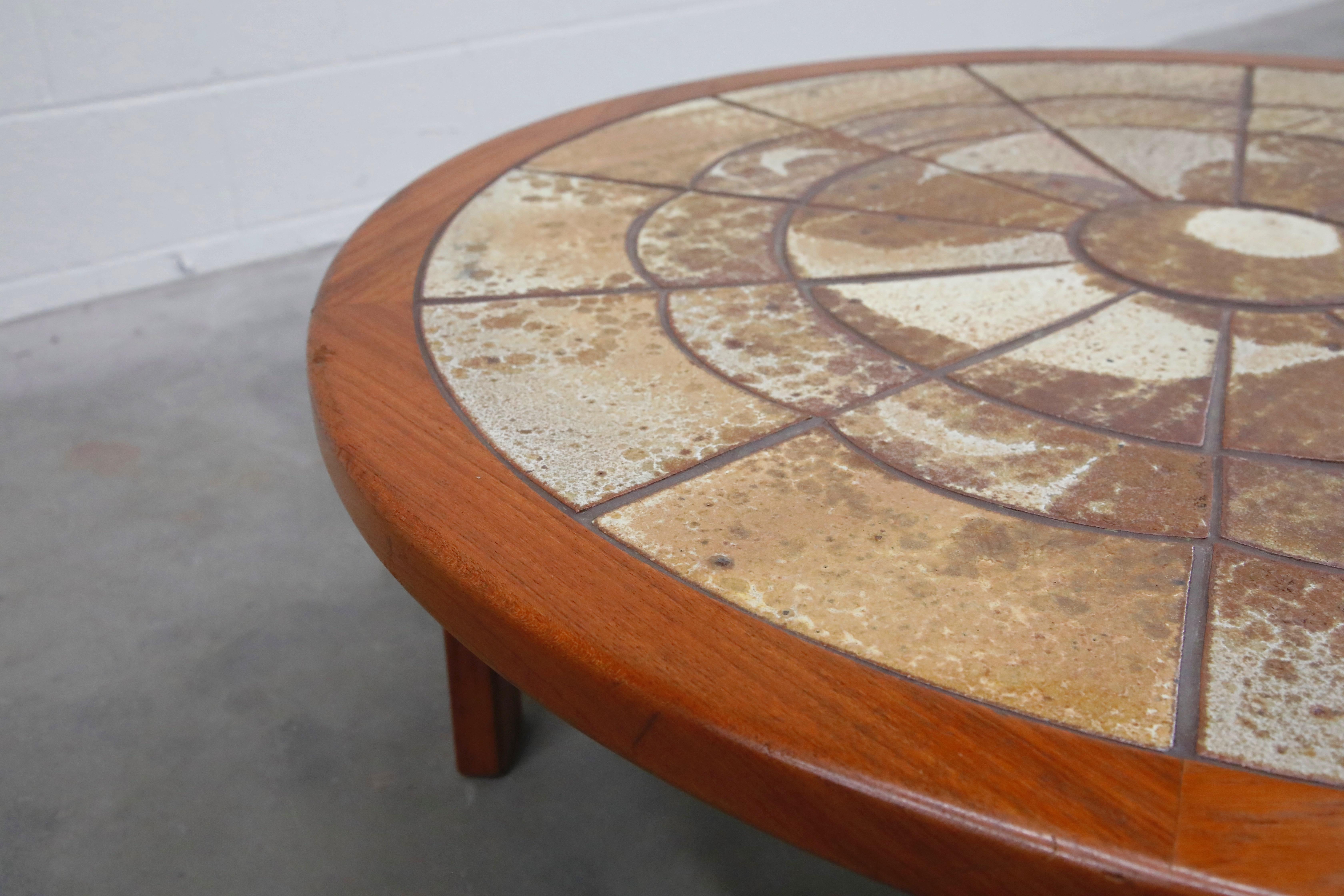 Roger Capron Style Round Teak Coffee Table with 1960s Ceramic Tile, Signed 6