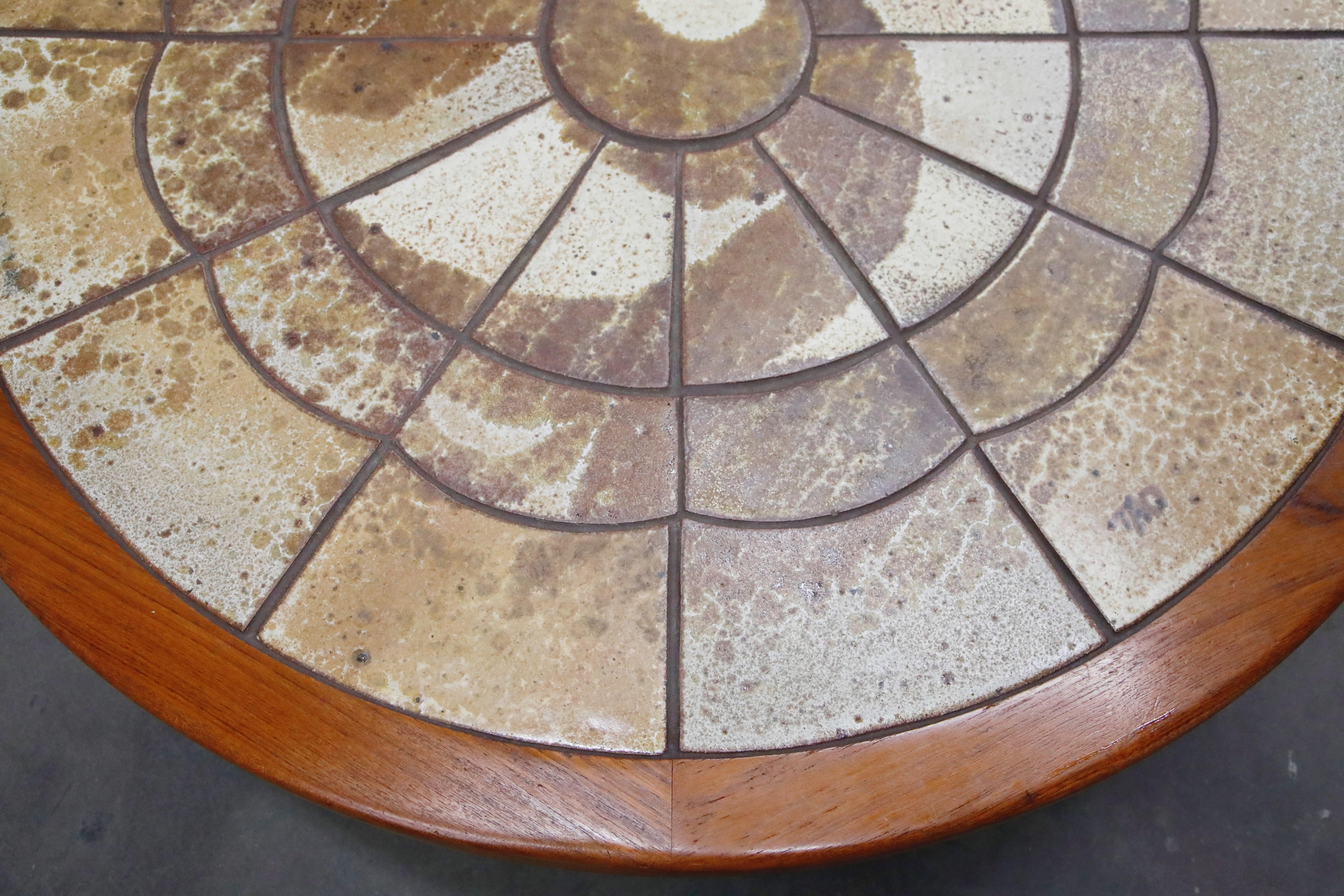 Roger Capron Style Round Teak Coffee Table with 1960s Ceramic Tile, Signed 7