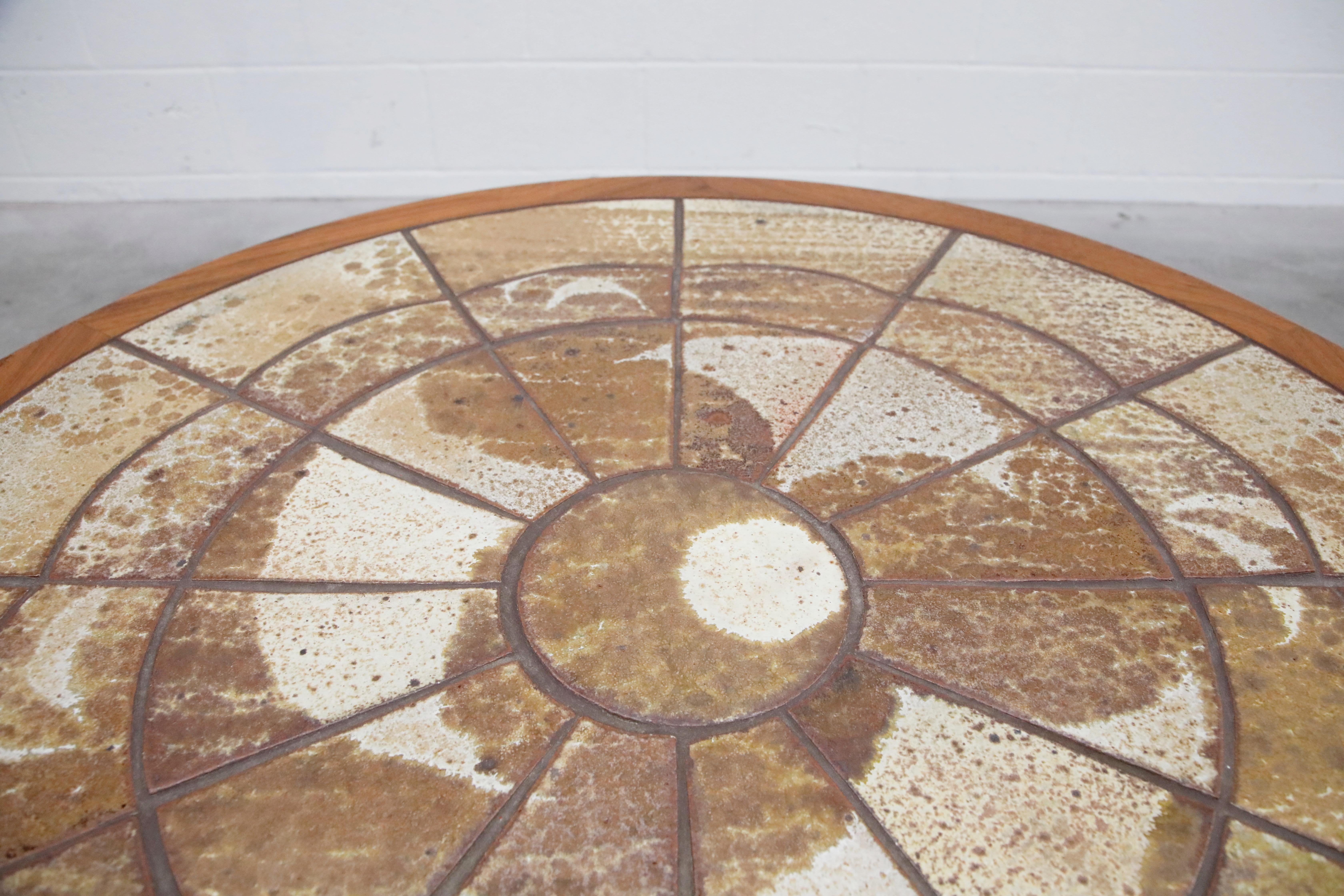 Roger Capron Style Round Teak Coffee Table with 1960s Ceramic Tile, Signed 9
