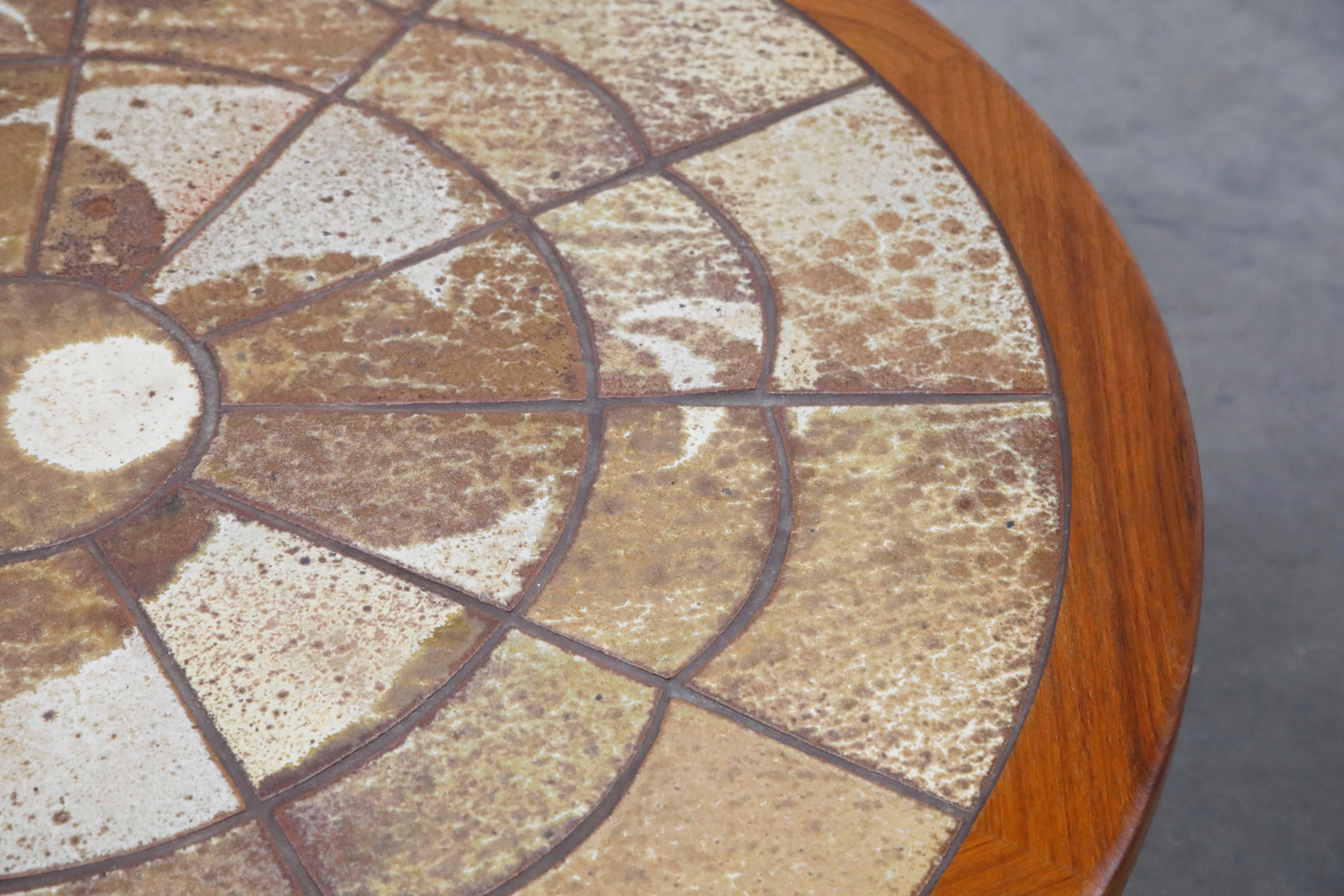 Roger Capron Style Round Teak Coffee Table with 1960s Ceramic Tile, Signed 10