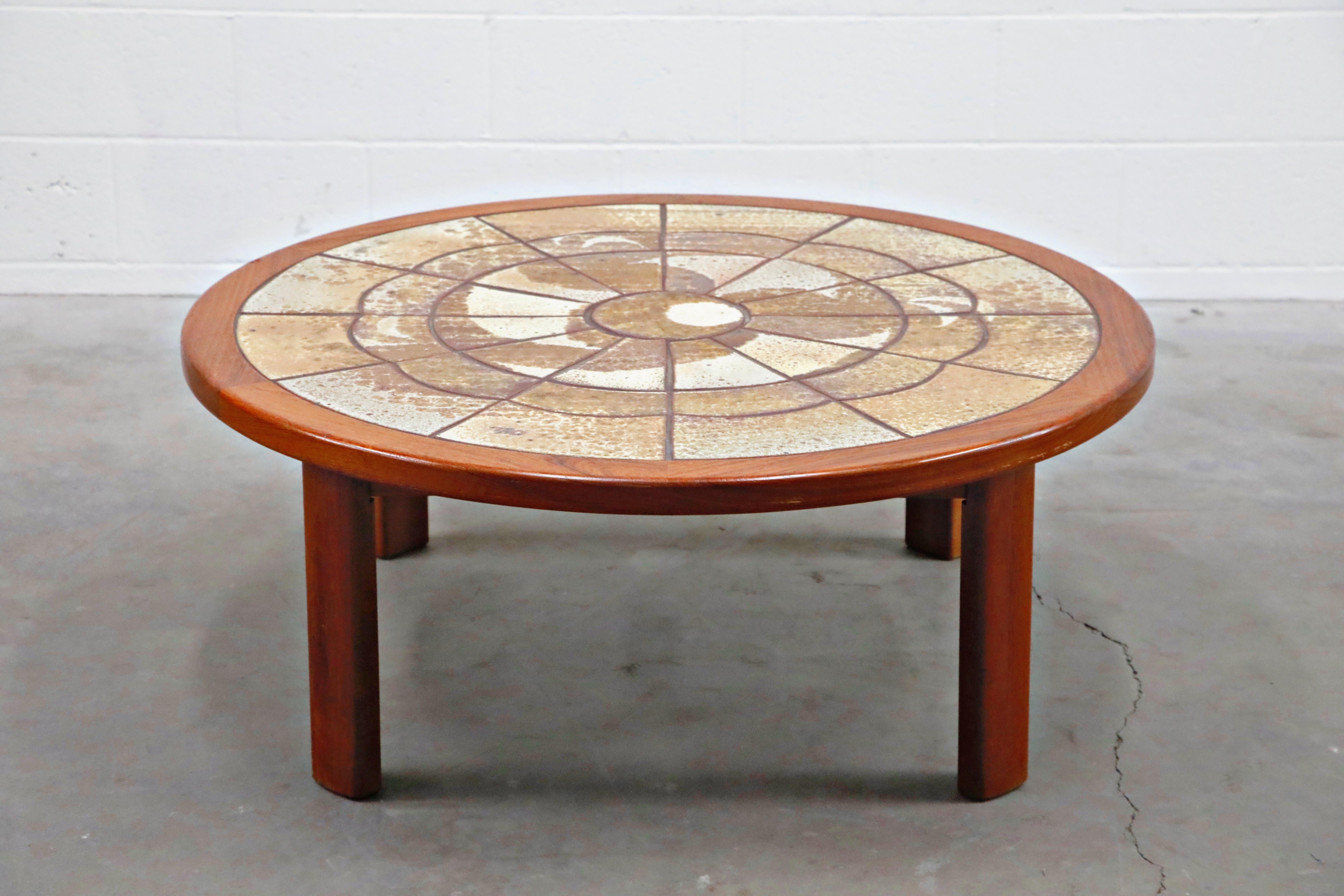 Scandinavian Modern Roger Capron Style Round Teak Coffee Table with 1960s Ceramic Tile, Signed