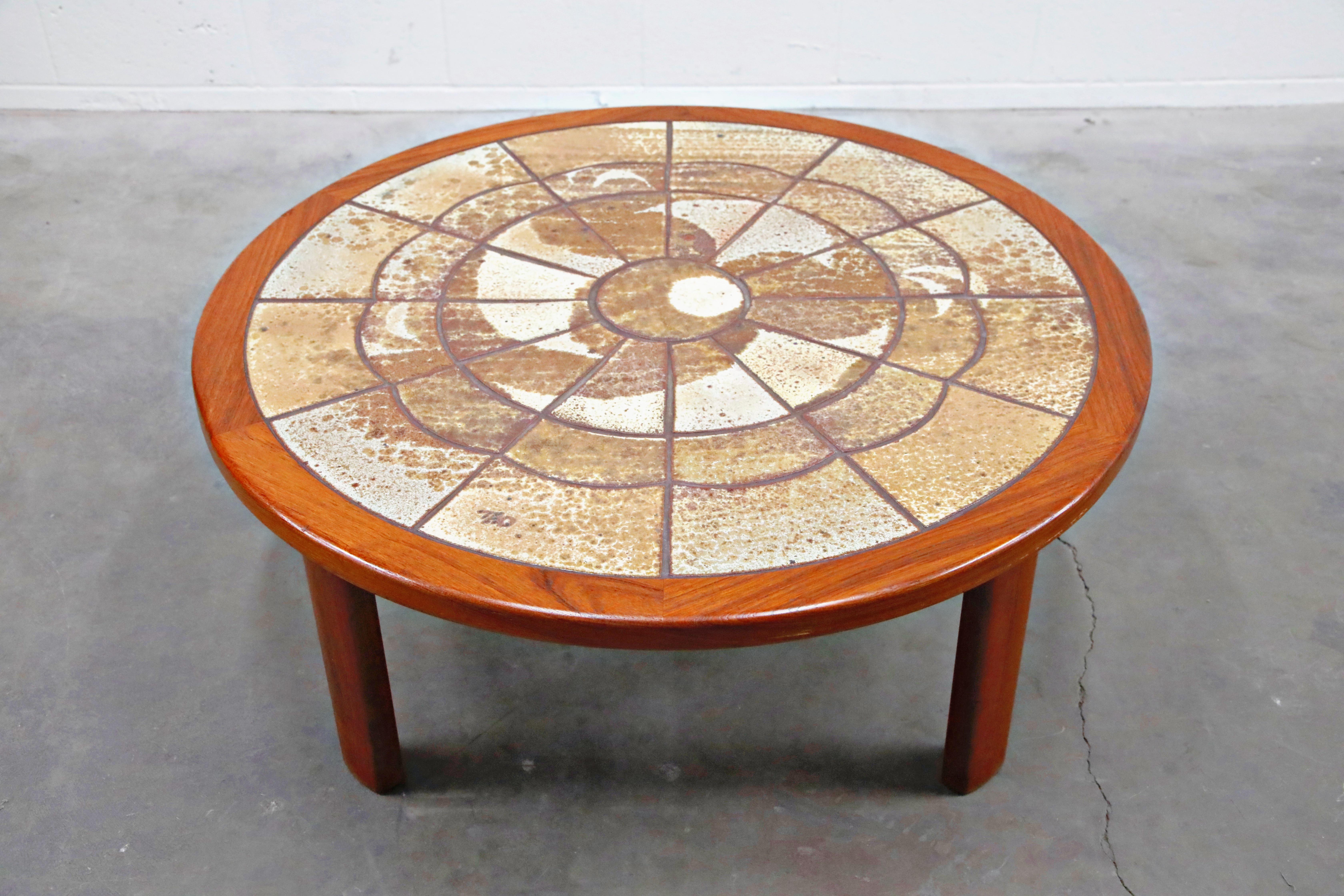 Scandinavian Roger Capron Style Round Teak Coffee Table with 1960s Ceramic Tile, Signed