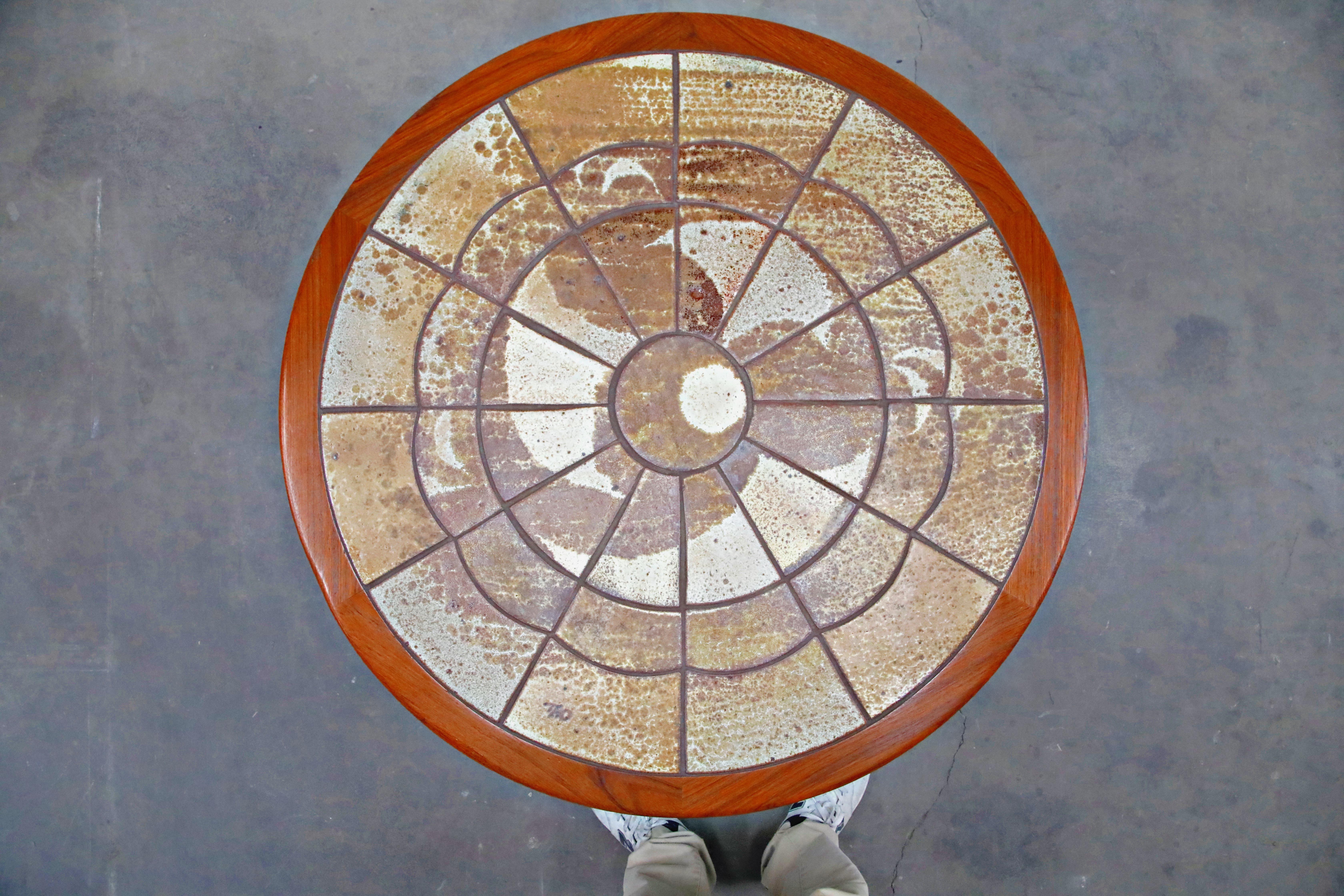 Mid-20th Century Roger Capron Style Round Teak Coffee Table with 1960s Ceramic Tile, Signed