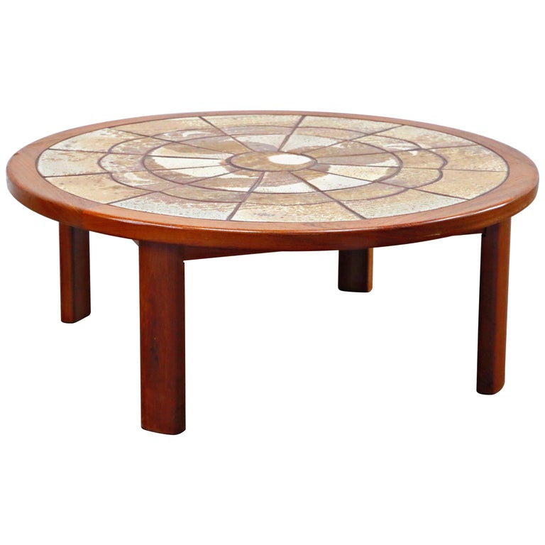 Roger Capron Style Round Teak Coffee Table with 1960s Ceramic Tile