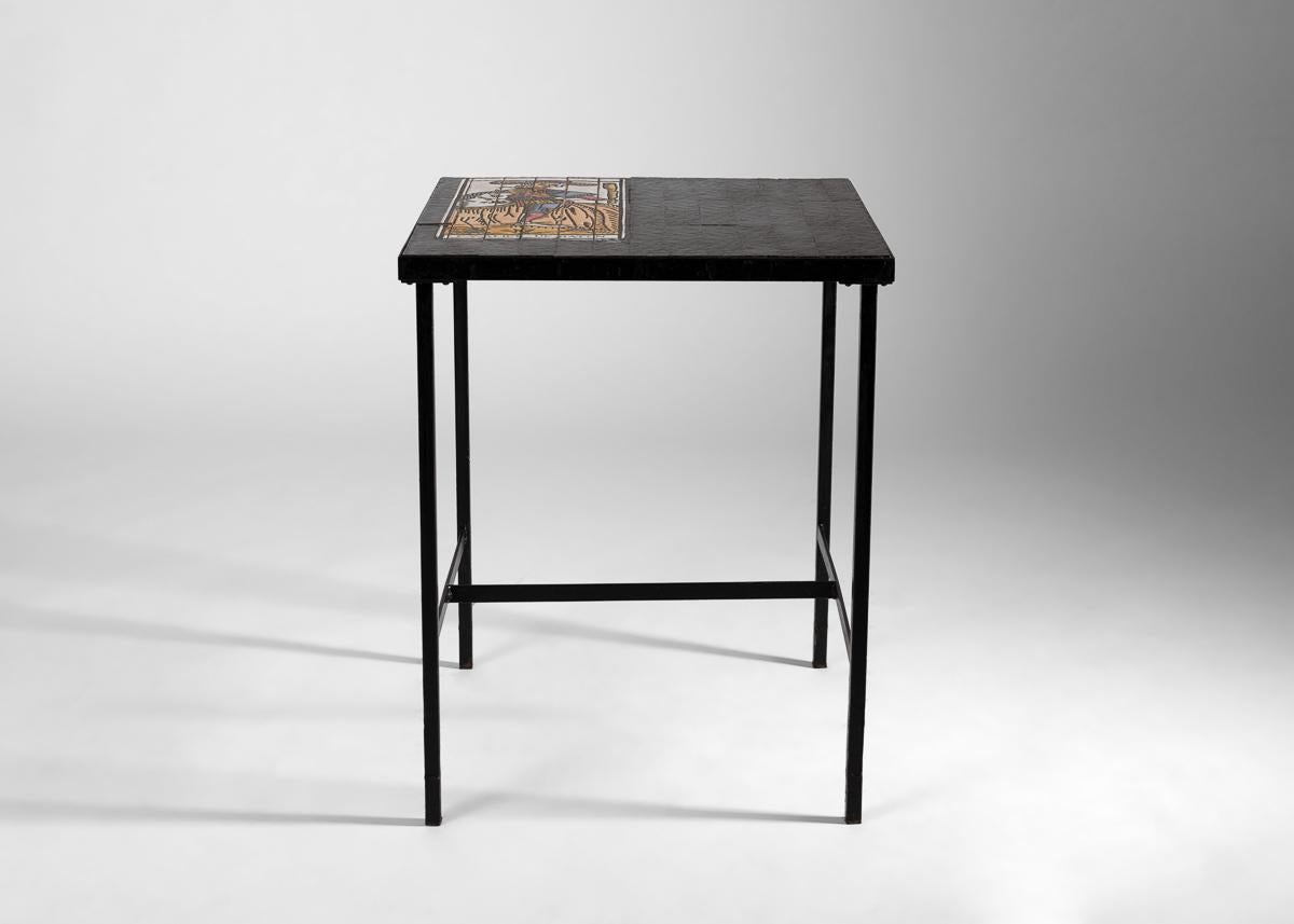 Mid-Century Modern Roger Capron, Tile-topped Cafe Table with Tarot Motif, France, circa 1960s For Sale