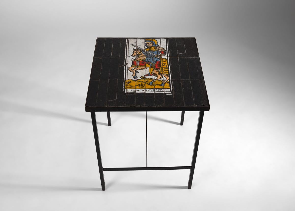French Roger Capron, Tile-topped Cafe Table with Tarot Motif, France, circa 1960s For Sale