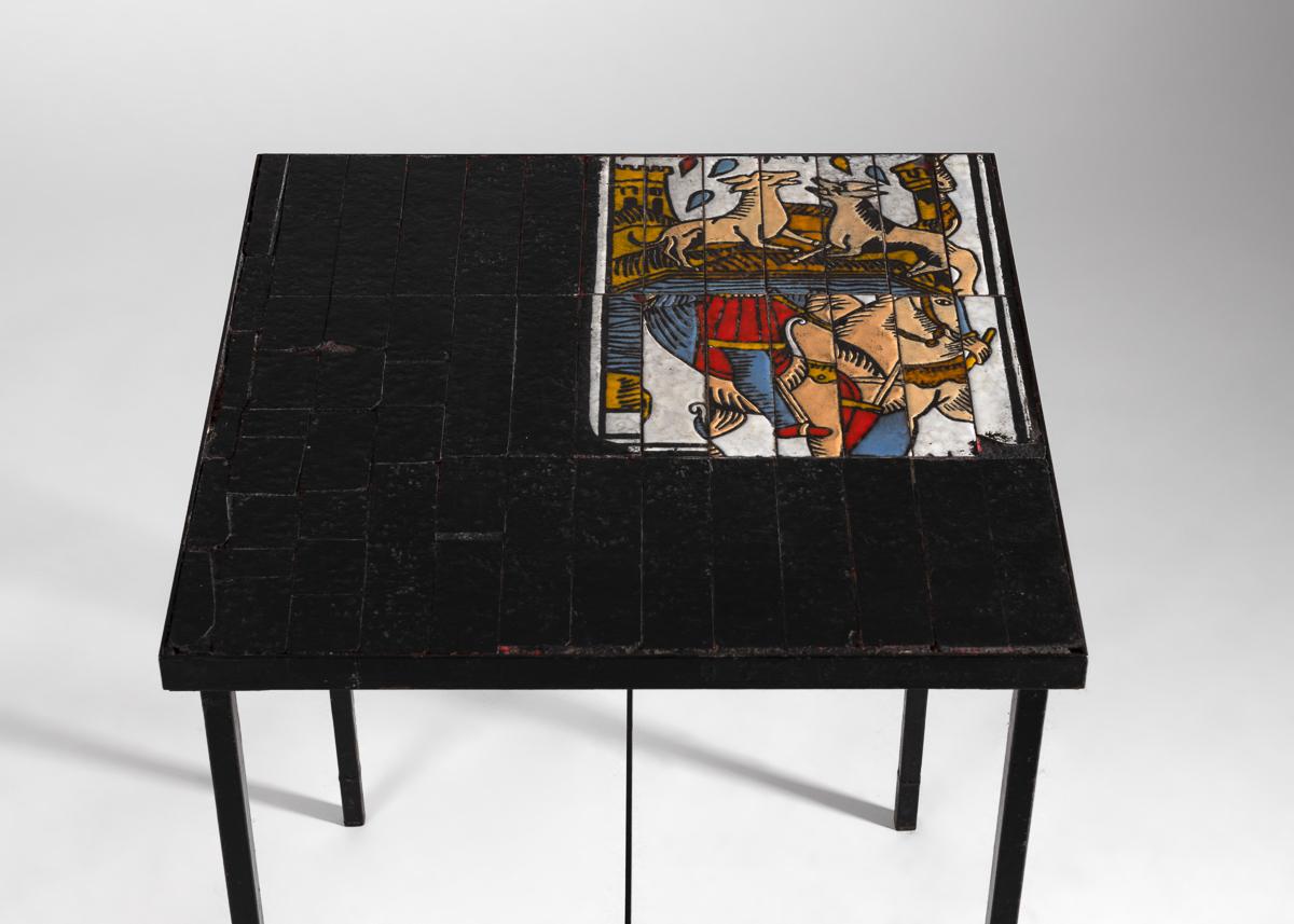 Glazed Roger Capron, Tile-topped Cafe Table with Tarot Motif, France, circa 1960s For Sale