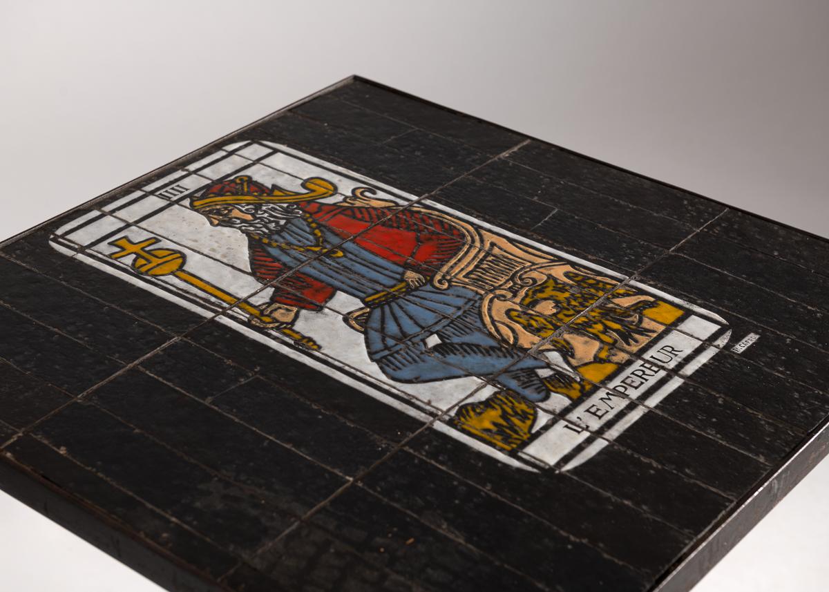 French Roger Capron, Tile-topped Cafe Table with Tarot Motif, France, circa 1960s For Sale