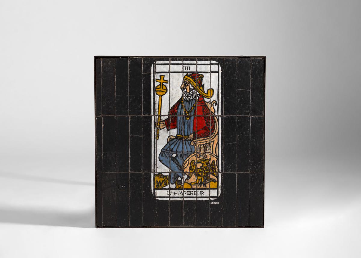 Glazed Roger Capron, Tile-topped Cafe Table with Tarot Motif, France, circa 1960s For Sale