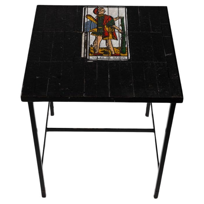 Roger Capron, Cafe-Tisch mit Kachelplatte und Tarot-Motiv, Frankreich, ca. 1960er Jahre
