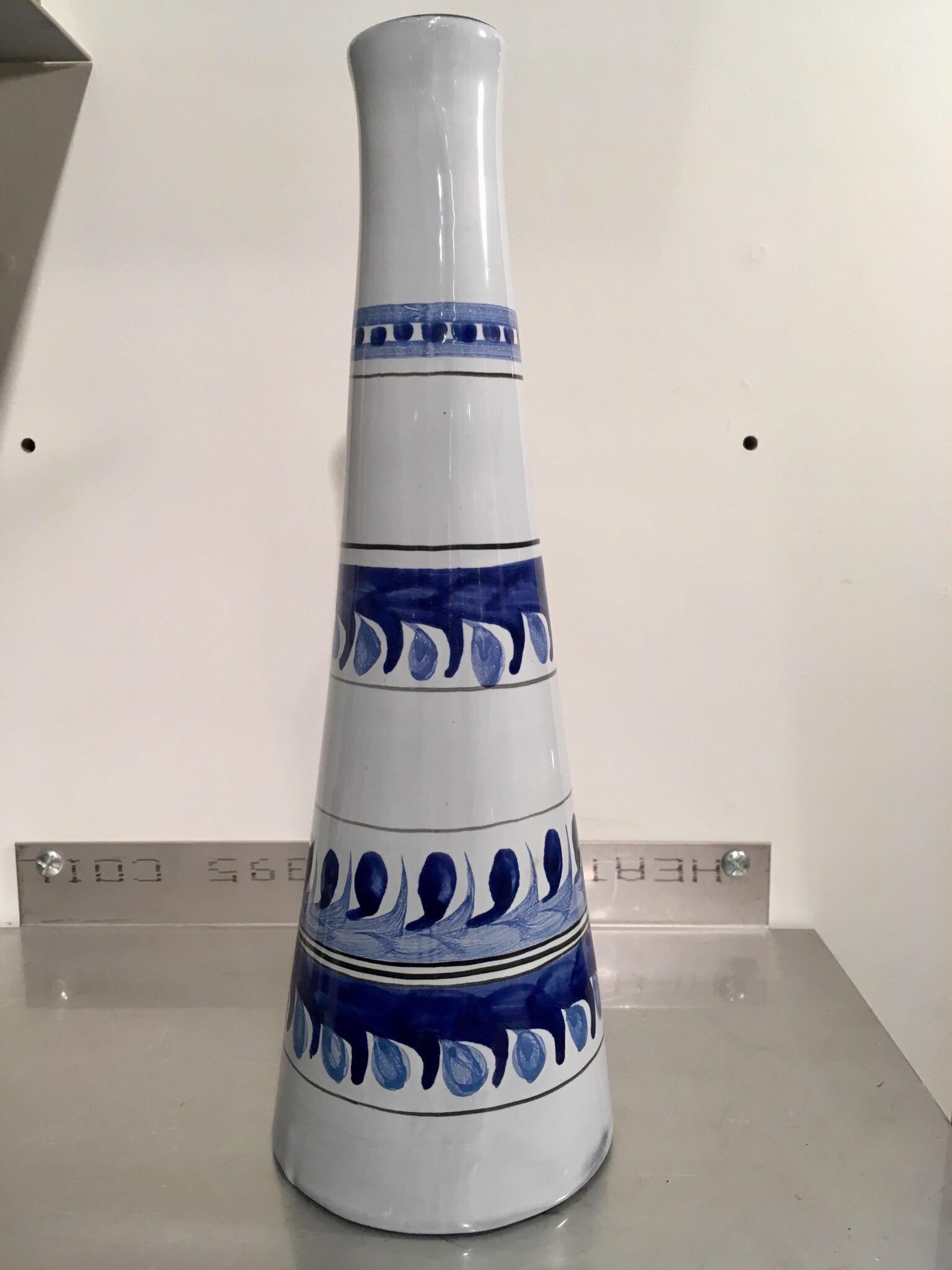 Mid-Century Modern Roger Capron, Vallauris, Ceramic Lamp Base Bottle, Blue Pattern, circa 1950 For Sale