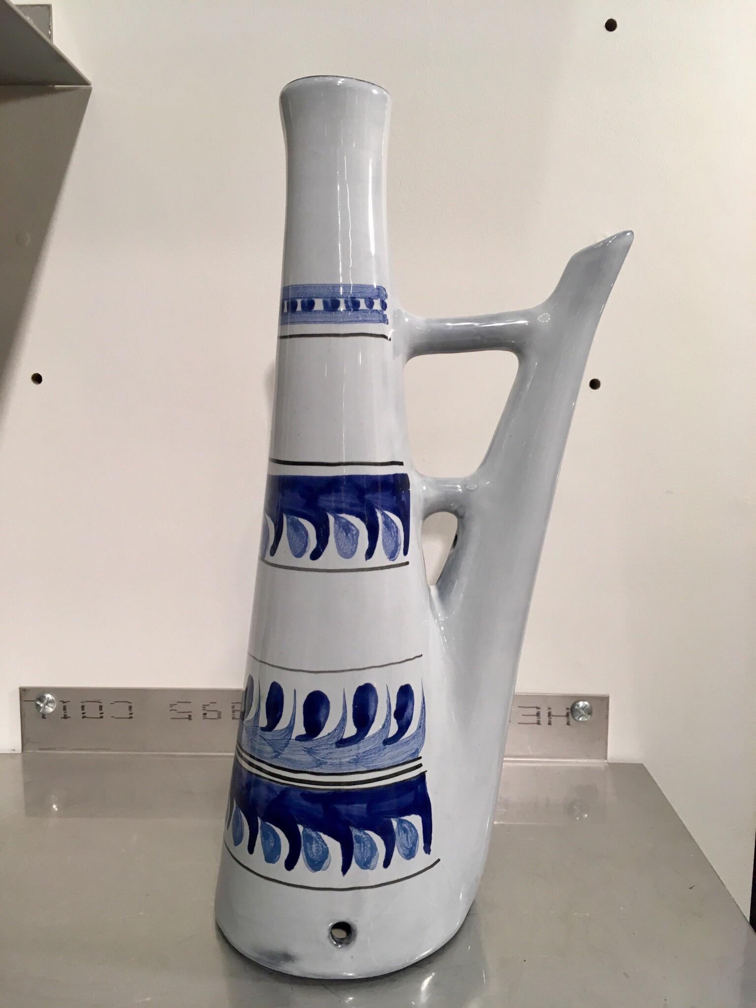 French Roger Capron, Vallauris, Ceramic Lamp Base Bottle, Blue Pattern, circa 1950 For Sale
